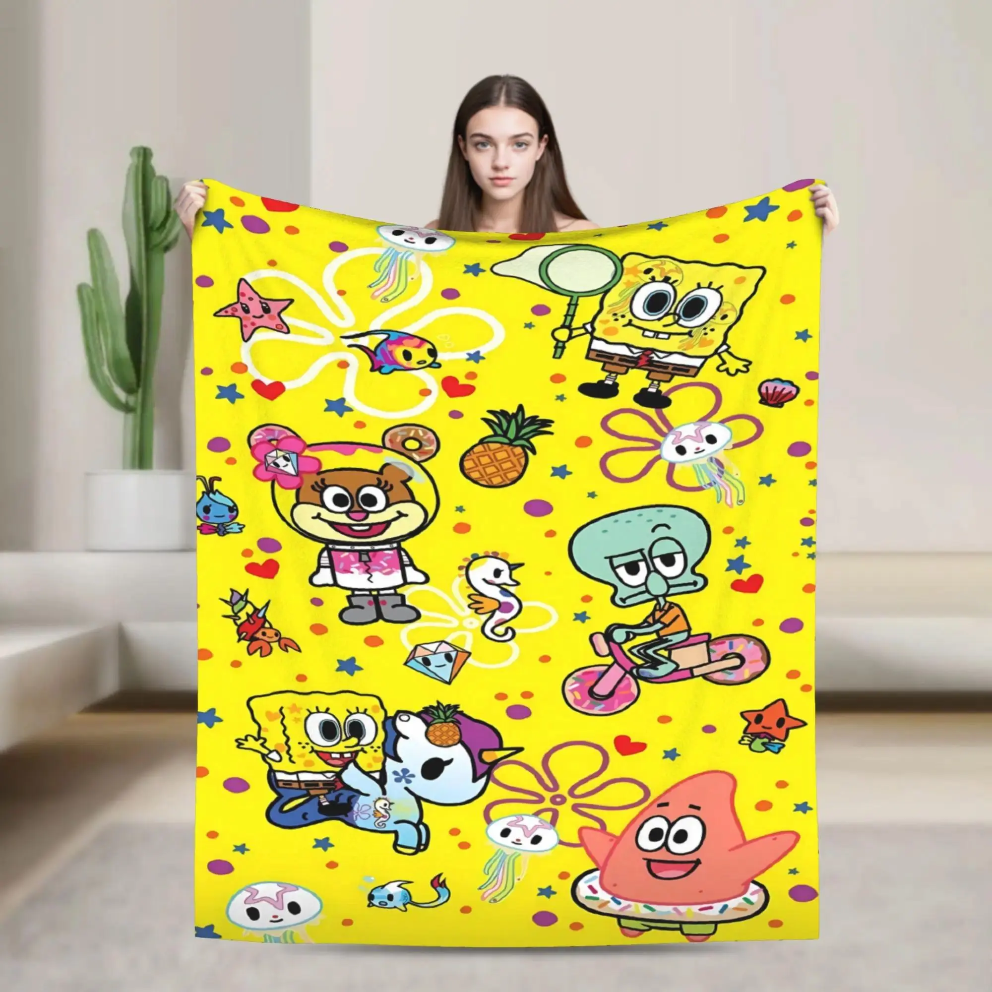 S-ponge-Bobs Yellow Base Mini Character Tile Blanket Quality Super Soft  Bedding Throws Spring Child Living Room Graphic Bedspread