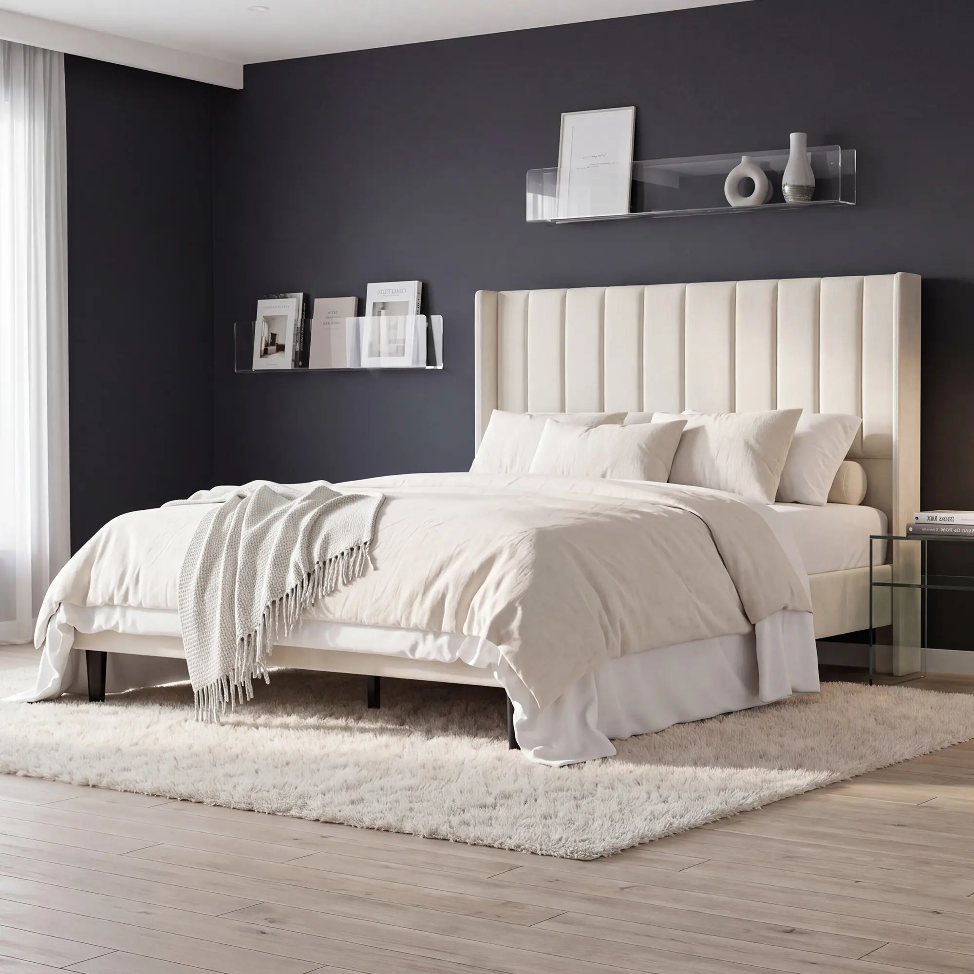 Modern Velvet Bed Frame - 52in Tall Wingback Headboard, Vertical Tufted, Sturdy Indoor Furniture for Queen, King, Full Sizes, No Box Spring Needed