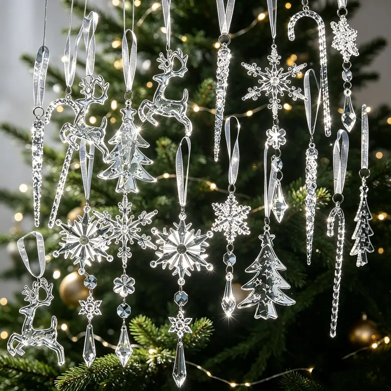 14-piece Christmas acrylic ice bar reindeer and snowflake ornaments in a snow and ice style, waterproof and durable, with various designs, easy to hang and store, suitable for home decoration, yard, shop, and window displays