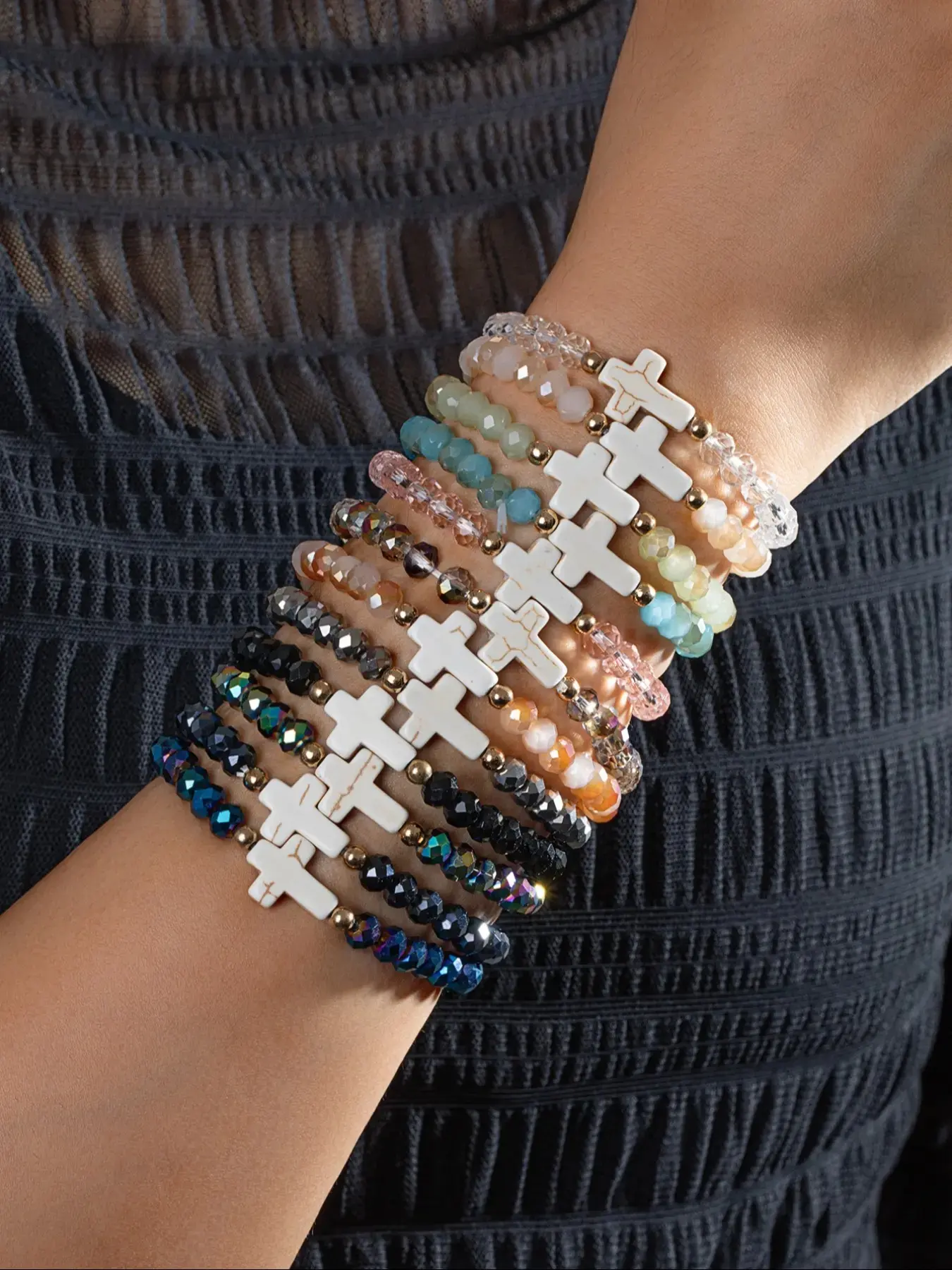 12 Piece Fashion Vintage Colorful Artificial Crystal and Turquoise Beaded Cross Pendant Multi-Layer Stackable Bracelet Set, Unisex Bracelets, Stacking Bracelet, Dainty Crystal Bracelet, Stacked Design Bracelets