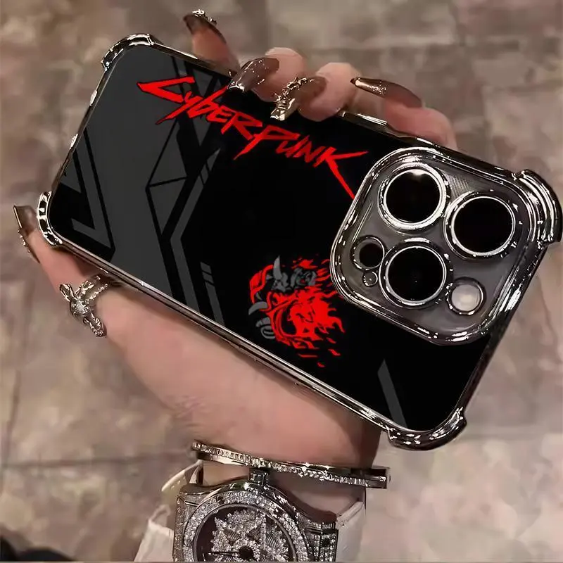 Cyberpunk Flame Logo Multi-Model Phone Case & Screen Protector Accessories for iPhone 17/16/15/14/13/12/11 Pro Max Plus, Electroplated Shockproof Soft Anti-Drop Shell Protective Cover 018, Iphone 16, Phone Accessories