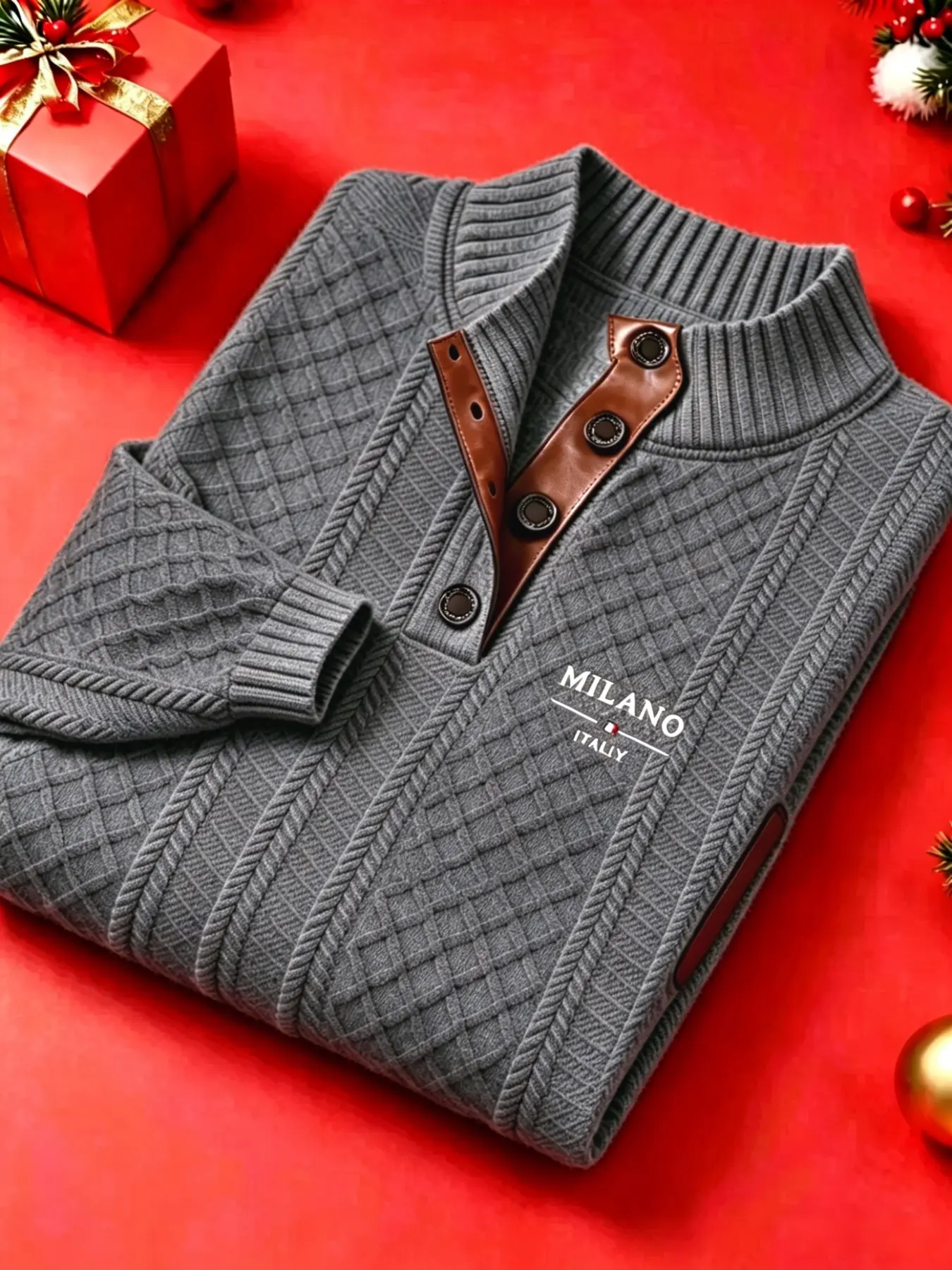 Men's Christmas gift letter printed stand collar button jacquard long sleeve knitted sweater, Button pullover, half open front autumn and winter men's daily wear top, casual comfortable sweater, outdoor shopping, party, dating