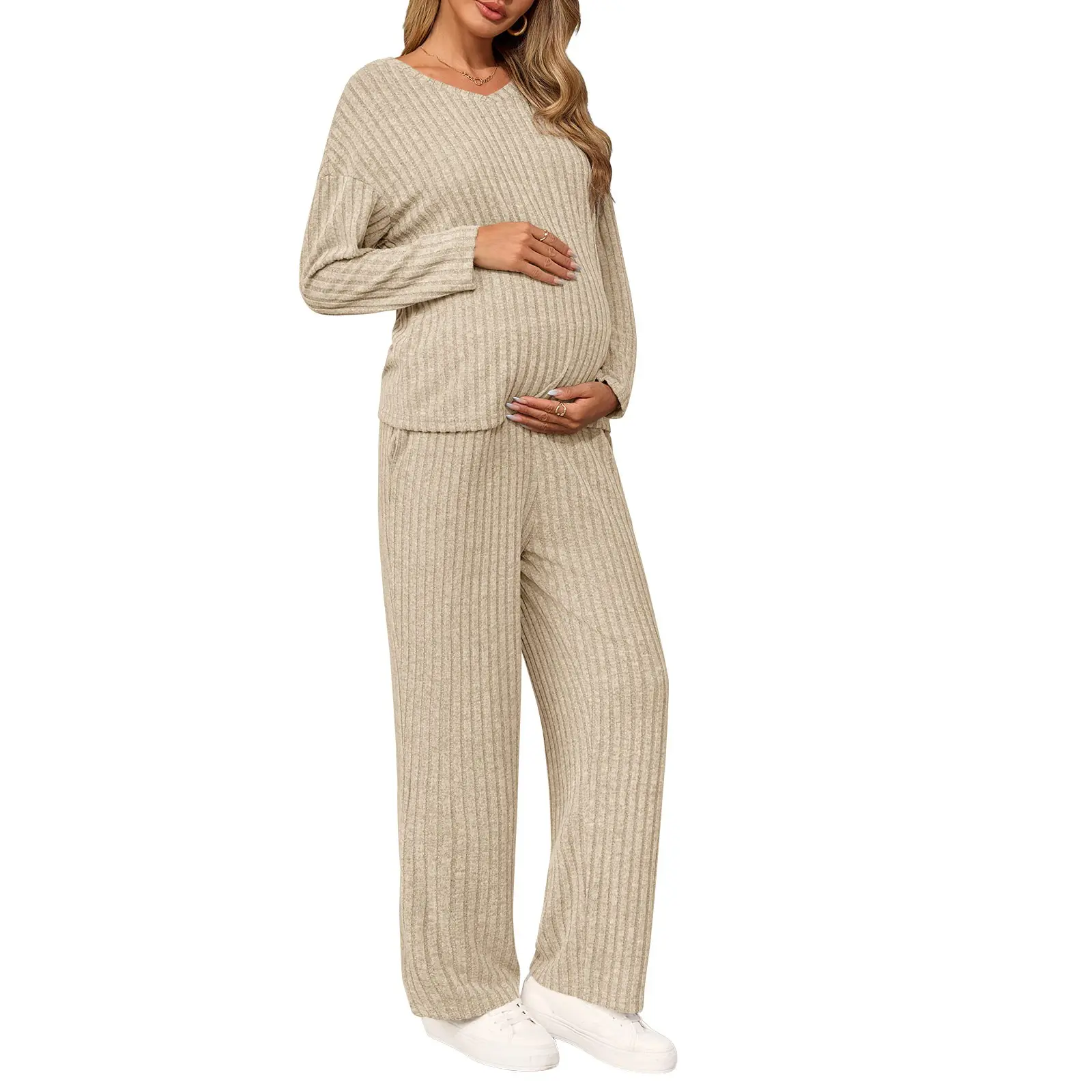 Yousify Women's Maternity 2-Piece Pajama Sets - Ribbed V-Neck Long Sleeve Fitted Knit Top & Below-the-Ankle Pants, Polyester Viscose Elastane Pregnancy Loungewear, Knitting, Two-Pieces
