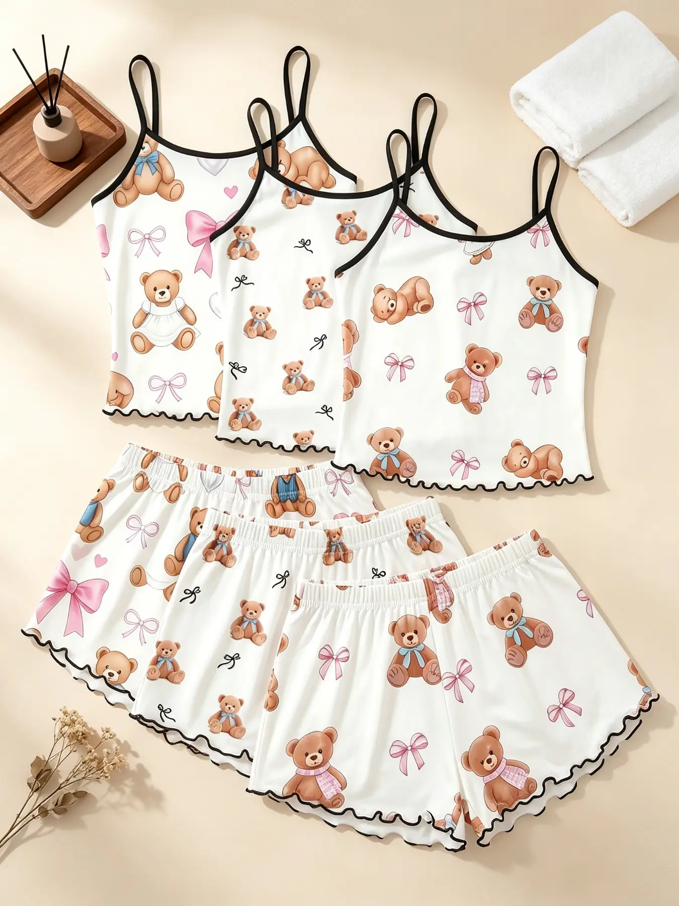Women's Sleepwear 6 Piece Matching Bundle Kawaii Cozy Aesthetic Teddy Bear Bow Print Summer Soft Cute Girl Style Spaghetti Strap Lettuce Ruffle Hem Contrast Trim Silky Soft Breathable Lightweight Cami Short Pant Set Home Sleepover Lounge Wear