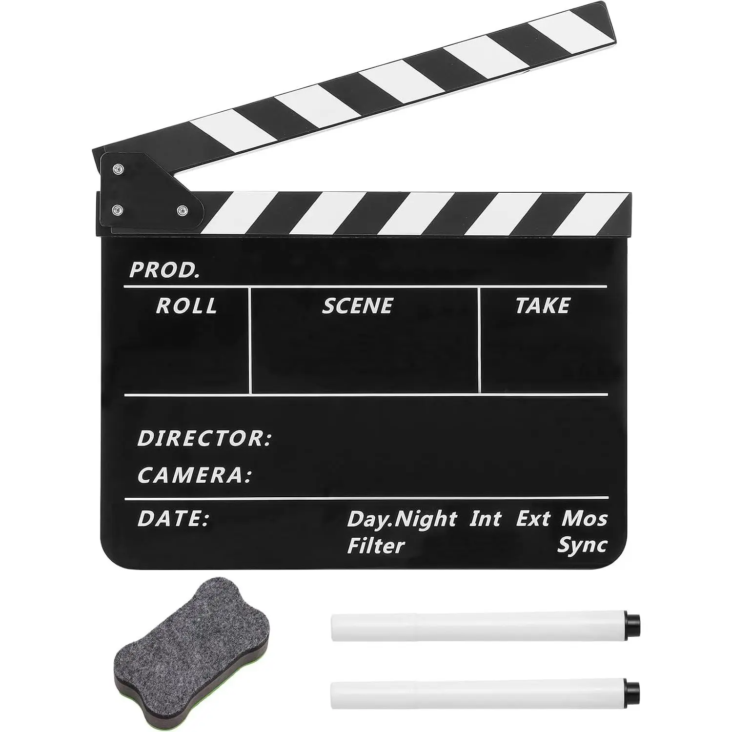 Film Slate Clapper Board,  Black Movie Directors Clapboard | 9.6 x 11.7 In Movie Clapboard Cut Action Scene Prop for Photography and Video , Comes with  Eraser and 2 Pens
