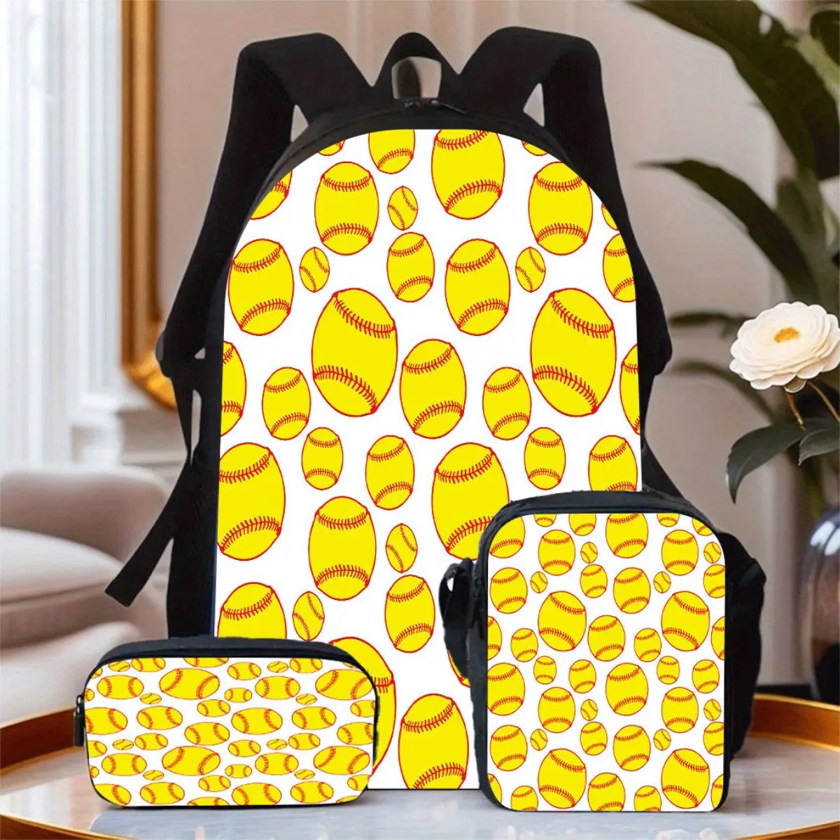 3pcs Tennis Racket Themed Large Capacity Oxford Cloth Travel Bag with Laptop Compartment, Unisex School Backpack with Pencil Case and Crossbody Bag, Hand Washable - Everyday Commuter Bag for Men and Women
