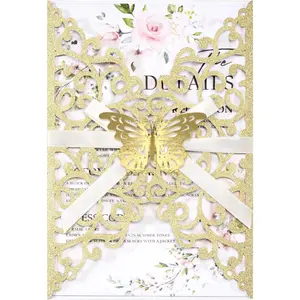 50PCS Gold Wedding Invitations with Envelopes and RSVP Cards Glitter Laser Cut Personalized Invitation Sleeves with Butterfly Ribbons Decoration for Baby Bridal Shower QuinceañEra Engagement Anniversary (Blank Inner Sheet No Patterns or Text)