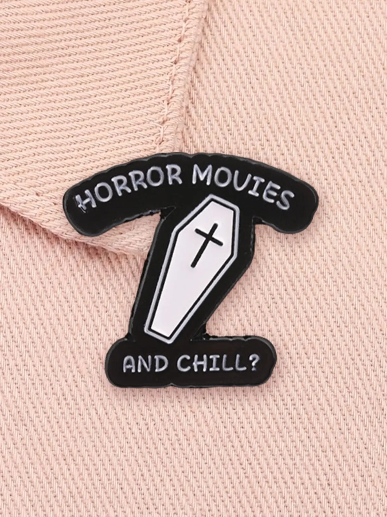 Horror Movies And Chill Enamel Pin Gothic Coffin Cross Memento Mori Skull Spooky Halloween Alloy Brooch Lapel Backpack Clothing Decor Badge Fashion Jewelry Accessories Gift for Friends