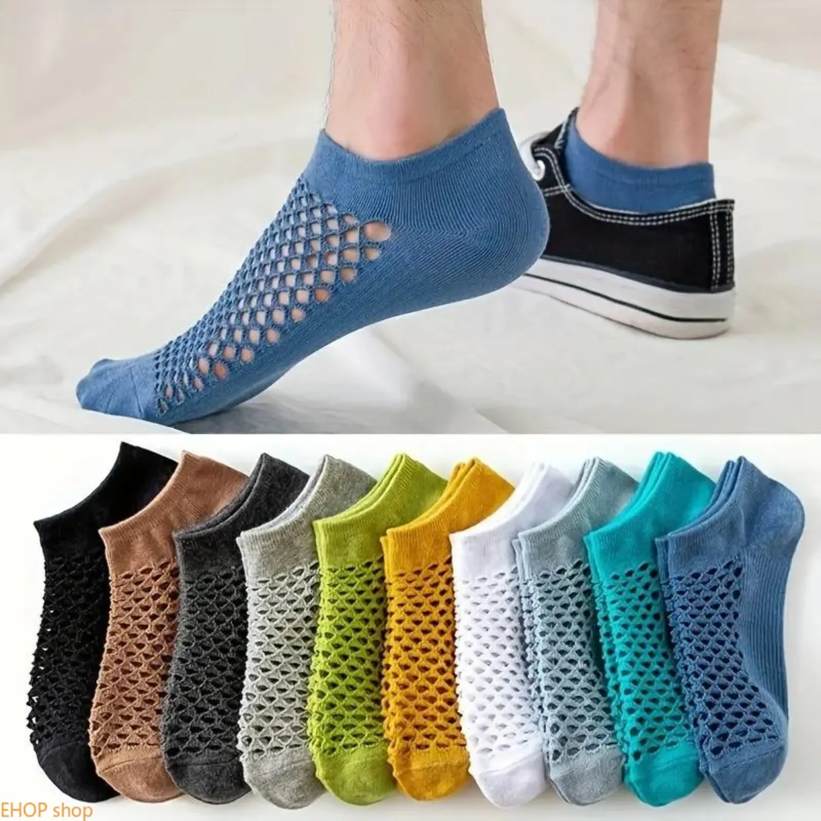 Unisex 5-Pack Cute Plain Cotton-Polyester Mesh No-Show Invisible Socks, Cushioned, Anti-Slip, Sweat-Wicking, Low-Cut Footies, Breathable, Lightweight For Running, Daily Wear