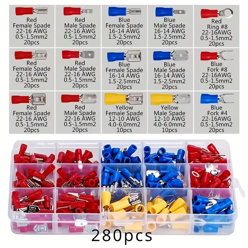 280-Piece Open-Type Terminal Blocks, Cold-Press Wire Terminals, PVC Insulated Wiring Blocks, No Power Required, Shovel Connector
