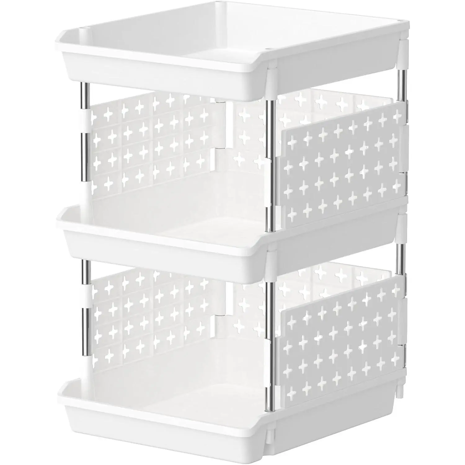 Plastic Stackable Storage Baskets, 3 Tier Stacking Bins for  and Clothes, Multifunctional Organizer for RV, Kitchen, Playroom, Pantry, White, 35 x 30 x 50 cm/14 x 12 x 20 inch, 1 Pack