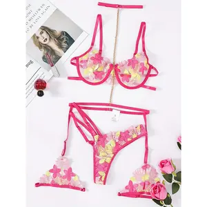 Women's 3-Piece Lingerie Set with Floral Embroidery, Strappy Mesh Underwire Bra and Panty with Garter Belt, Clothes