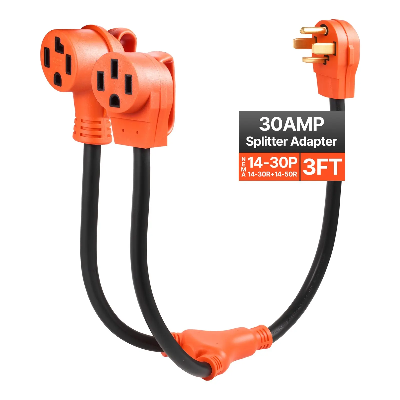 VEVOR Y Splitter Adapter, 30 Amp, 4 Prong Outlet 240 Volt Dryer to EV Charger Adapter, NEMA 14-30P to 14-30R/14-50R, with Grip Handle, Heavy Duty 10 AWG STW Wire, for EV Charger Dryer RV