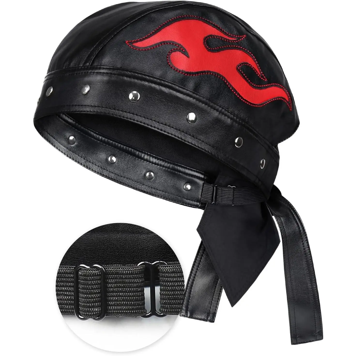 Leather Biker Cap for Women Adjustable Strap Motorcycle Skull Cap with Embroidery