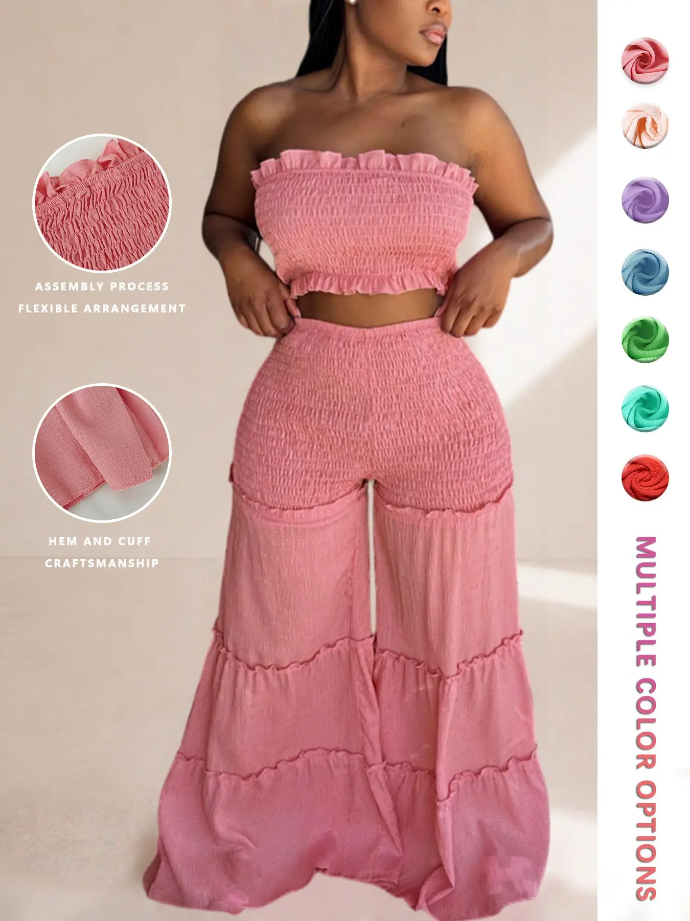 Women's Frill Trim Shirred Flare Leg Pants Set, Elegance Boho Casual Crop Tube Top & High Waist Trousers for Beach Holiday Vacation, Ladies Summer Clothes