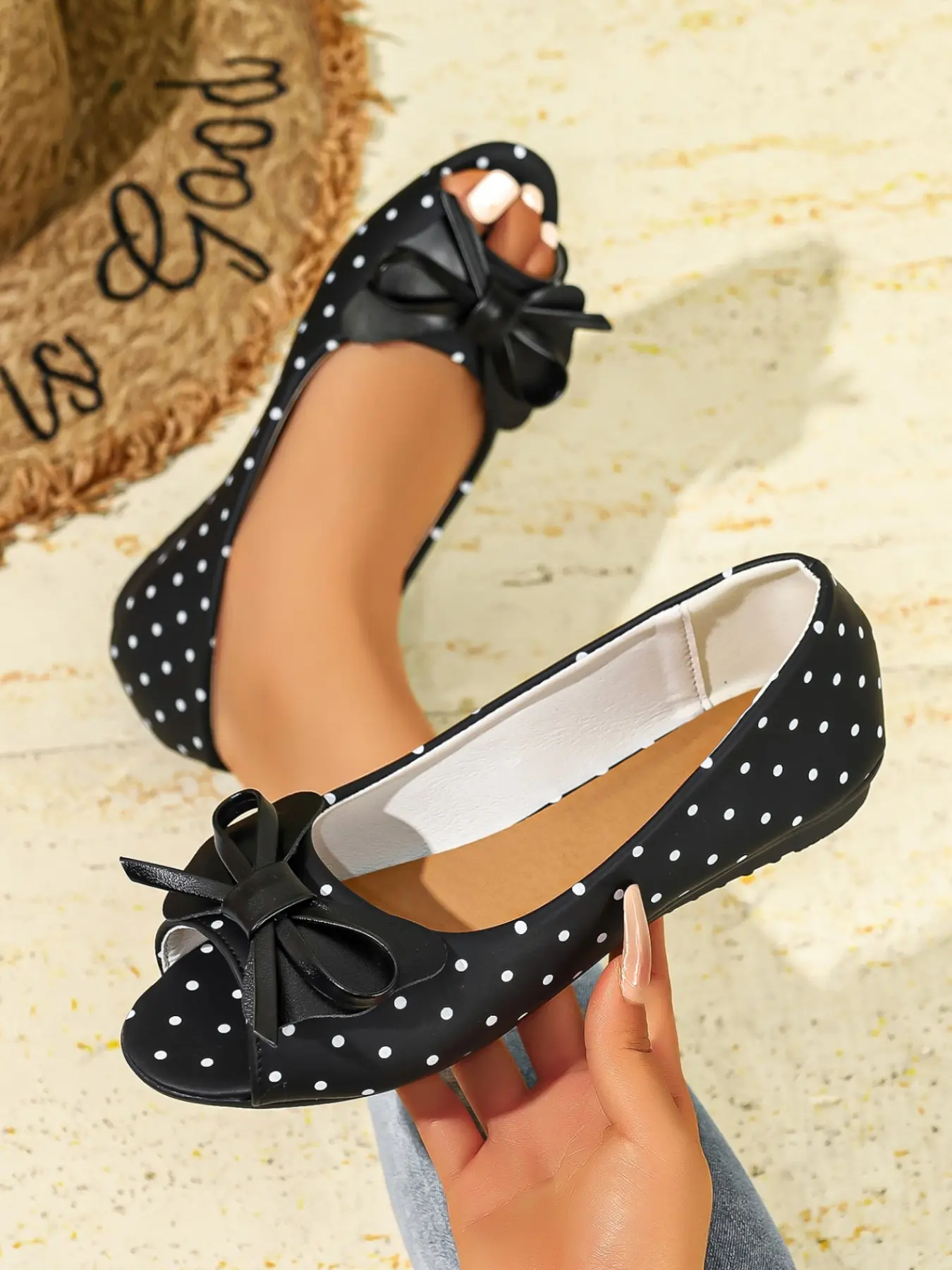 Women Sweet Korean Peep Toe Flat Sandals, Polka Dot Bow Decor Slip On Non Slip Open Toe Loafer Shoes for Daily Commute Shopping Beach Vacation Indoor Walking Footwear