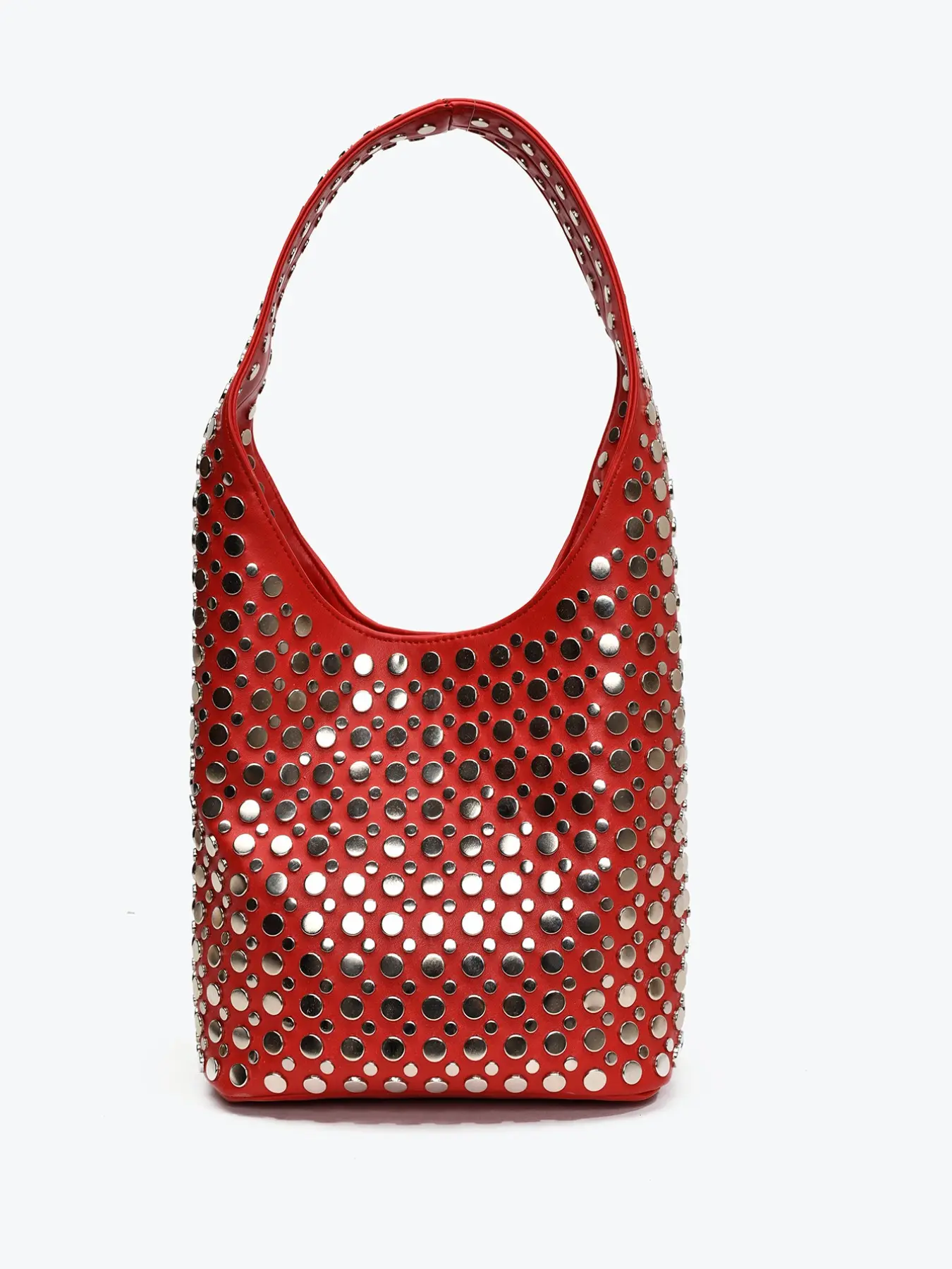 Y2K Vintage Glam Shiny Silver Rivet Decor Underarm Purse Punk Aesthetic Multi-Tone Metal Dot Large Capacity Daily Commute Purse, Millennium Silver Faux Leather Bucket Tote Bag Heavy-Duty Mixed Metal Studs Streetwear Large Shopping Shoulder Bag,