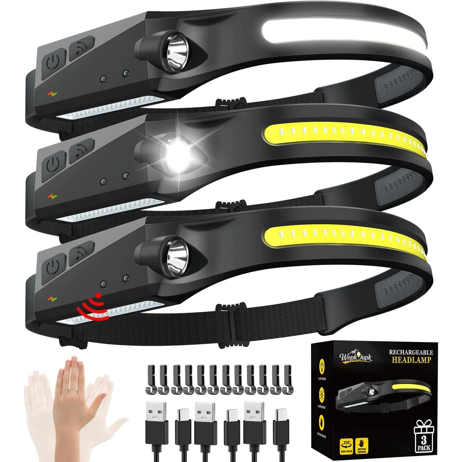 Rechargeable Headlamp 3PCS, 230° LED Head Lamp, Head Lights for Forehead | Motion Sensor, Bright Wide Beam, 5Mode Headband Light, Hard Hat Light, Headlight for Adults Mechanic, Camping Essentials Gear