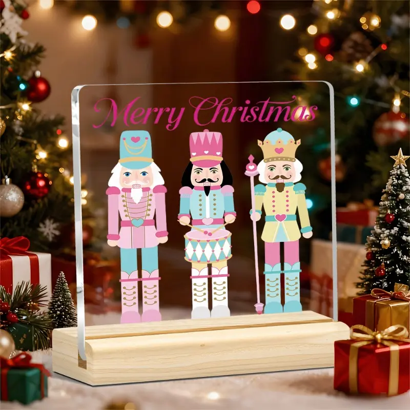 2D Flat, 1pc Pink Christmas Decorations Acrylic Plaque, Nutcracker Soldiers Pastel Style Acrylic Sign Gift for Women Friends Coworkers for Home Bedroom Office Desk Shelf Decor, christmas decorations home, christmas gifts, home decor, room decor