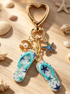 1pc Vacation Ocean-Themed Blue Starfish And Flip Flops And Pearl Shell Pendant Keychain, Stylish Alloy Key Chain Ring, Bag Backpack Charm Car Key Holder, Perfect Accessories For Women's Daily Use, Great Couples Gift, Classic And Simple Keychain,
