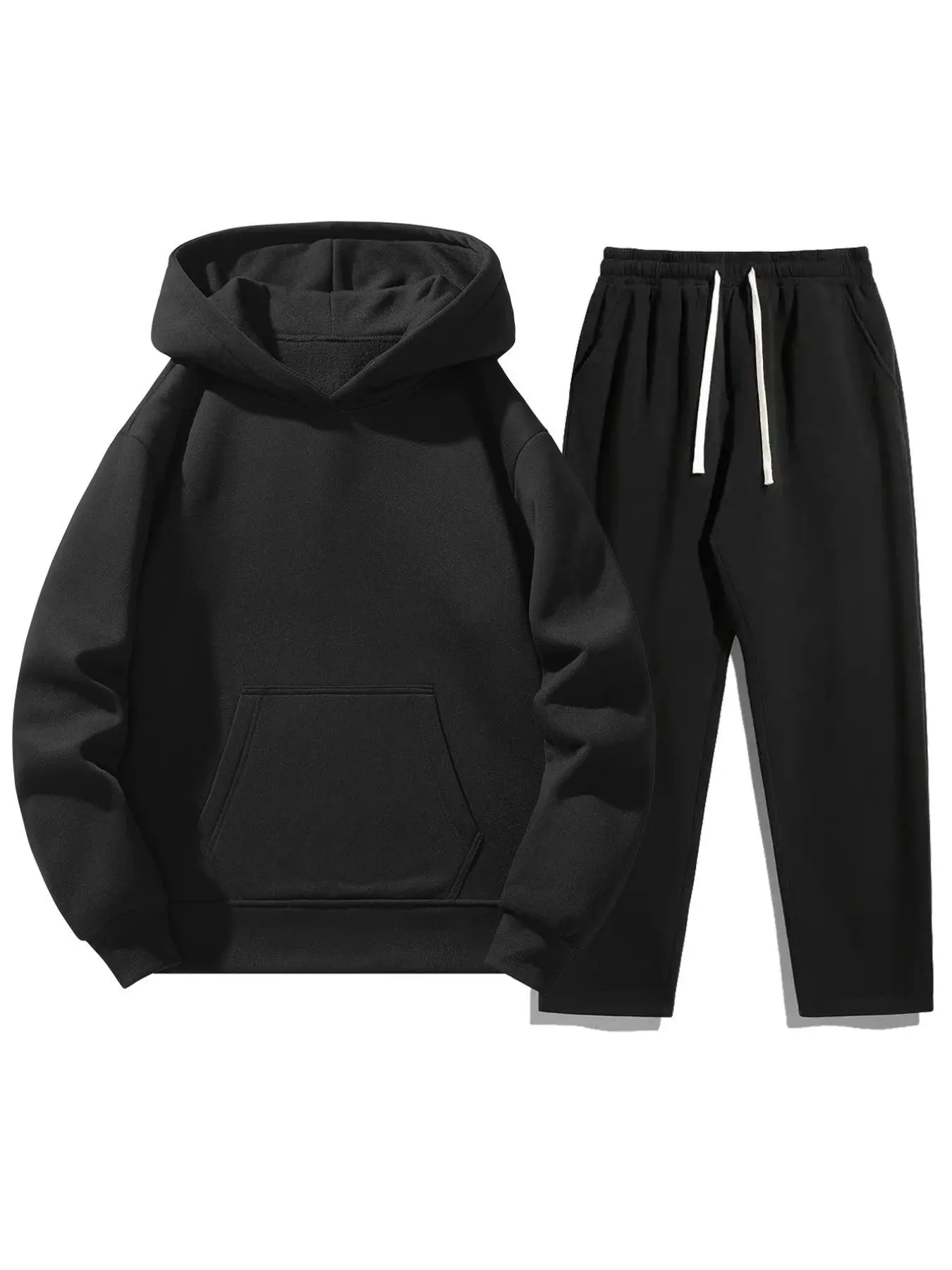Men's Plain Two-Piece Sweatsuit Set, Basic Loose Regular Fit Casual Long Sleeve Hoodie & Pocket Drawstring Sweatpants, Comfortable Men's Clothing, Sweatshirt Sweatpants Set