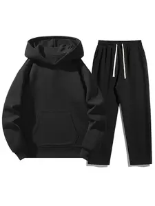 Men's Plain Two-Piece Sweatsuit Set, Basic Loose Regular Fit Casual Long Sleeve Hoodie & Pocket Drawstring Sweatpants, Comfortable Men's Clothing