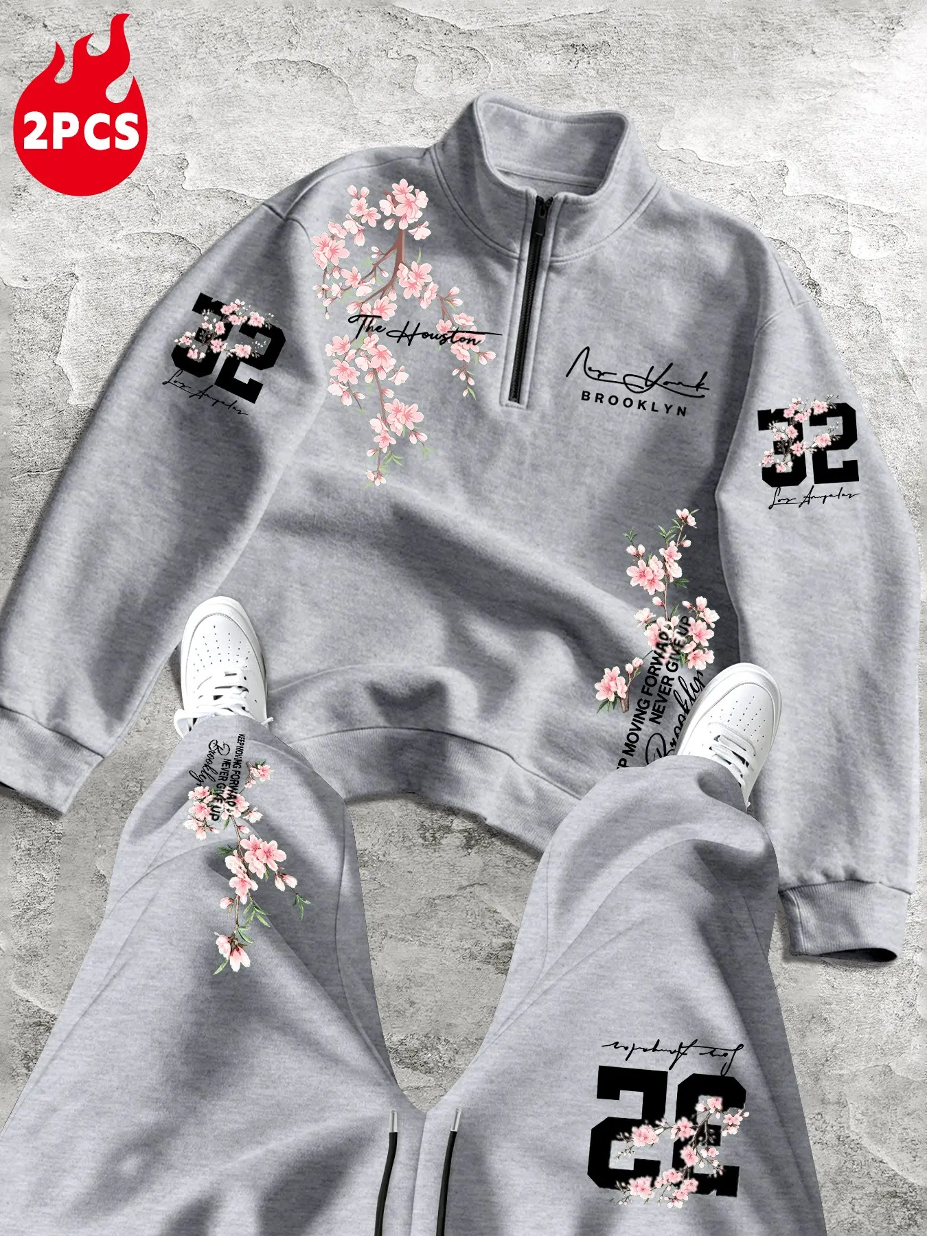 Y2K Street Style Cherry Print 2-Piece Set, Half-Zip Stand Collar Jacket + Hip-Hop Wide Leg Warm Fleece Sports Suit, Men's Winter Fashion