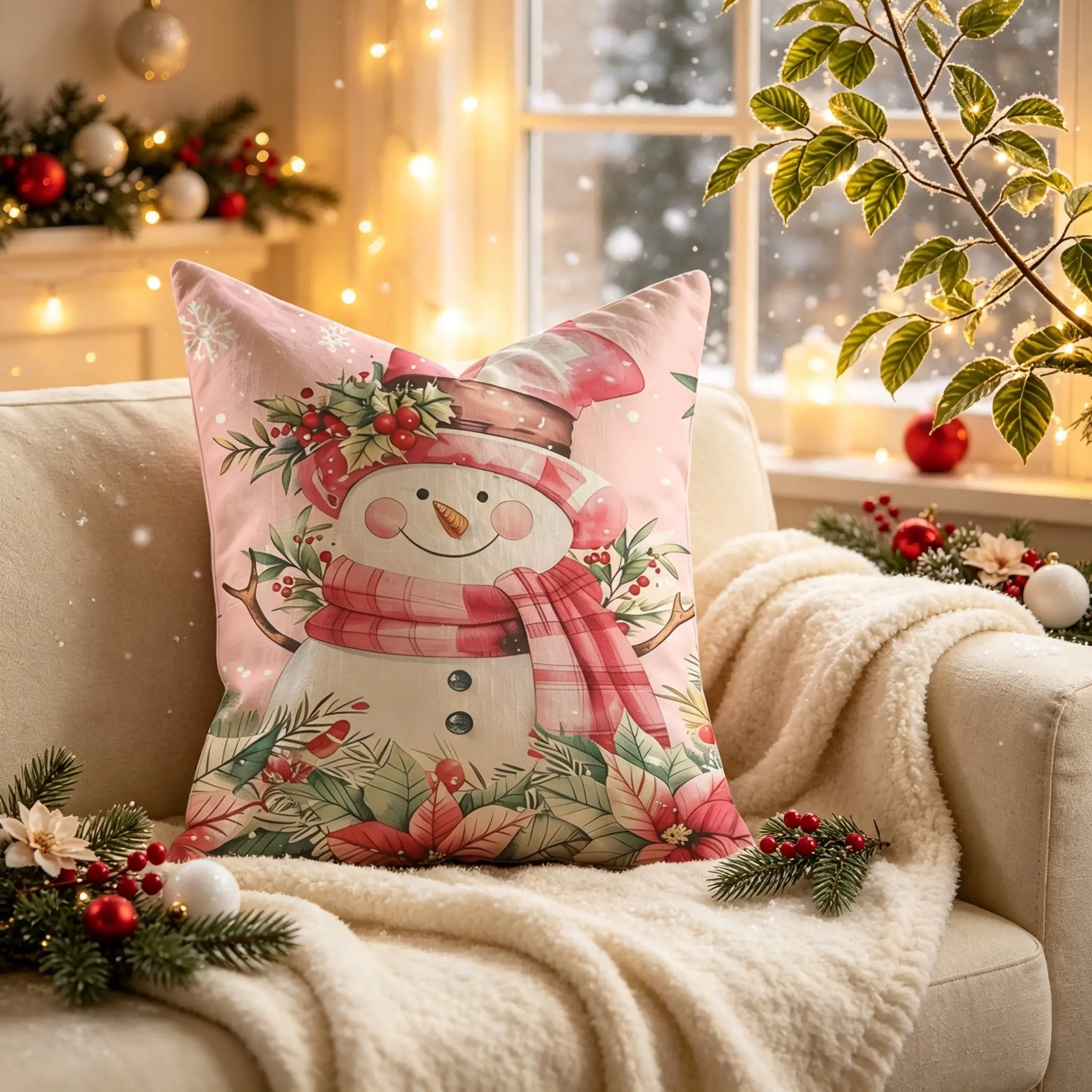 1Pc Christmas Snowman Print Throw Pillow, Soft Accent Pillow, Decorative Cushion Includes Pillow Core, Machine Washable Cover, Creates Cozy Festive Holiday Vibe, Perfect Decor for Sofa, Couch, Bedroom & Farmhouse Home Christmas Decorations