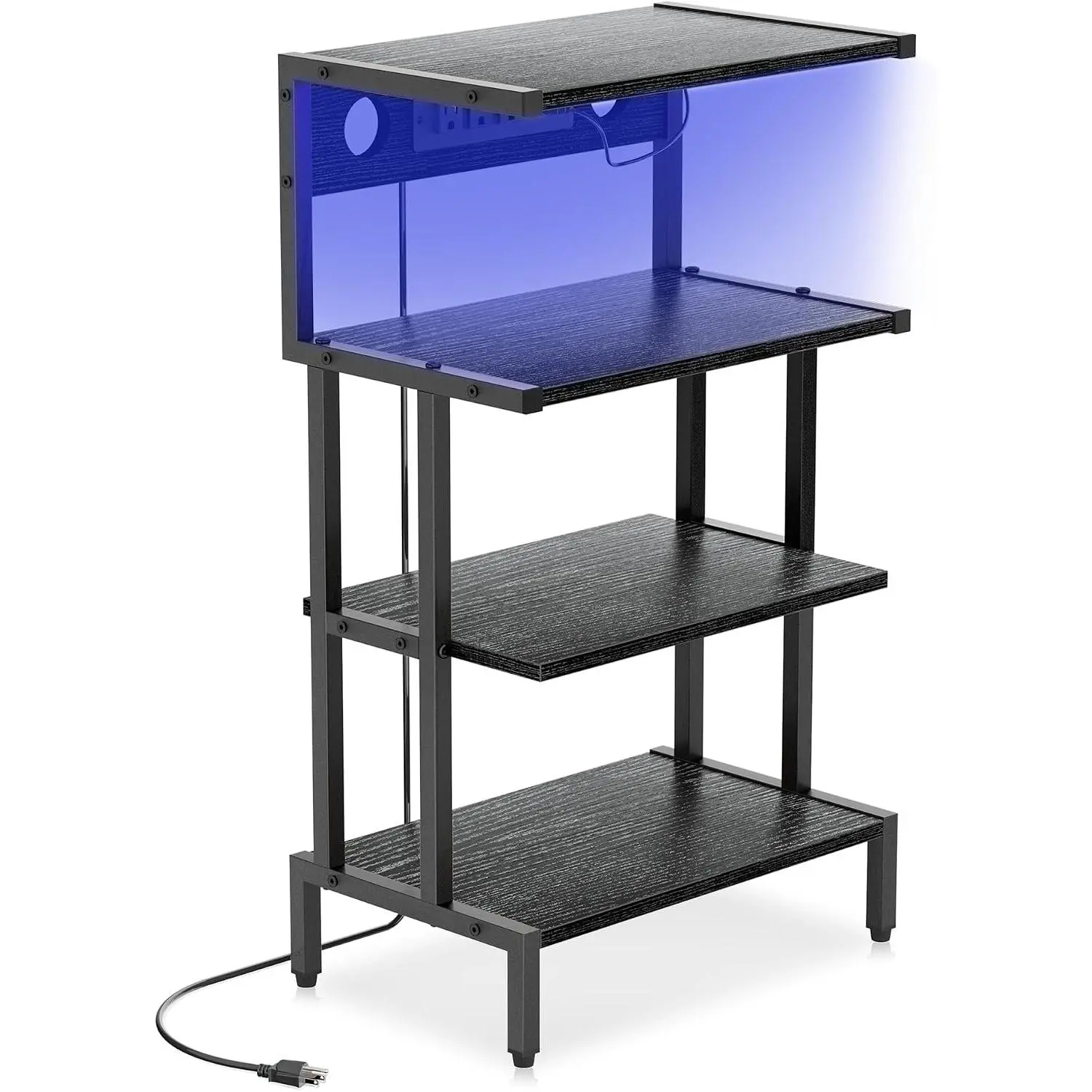 Game Console Shelf, 4-Tier Video Gaming Consoles Stand with Outlet & RGB Light, Small Media Entertainment Center for Audio Stereo Storage Organizer Playroom Furniture, Stereo Stands and Racks