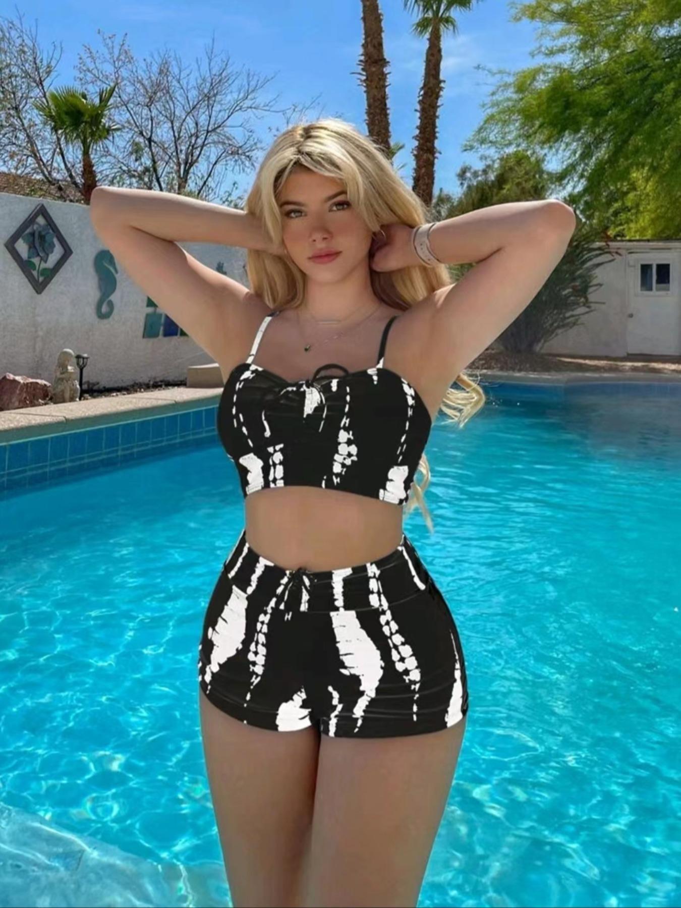 Women's Colorblock Drawstring Tankini Set, High Stretch Adjustable Spaghetti Strap Backless Sleeveless Swim Top & High Waist Swim Bottom Two-Piece Swimsuit for Beach Holiday Vacation, Ladies Swimwear, Tankini Bathing Suits