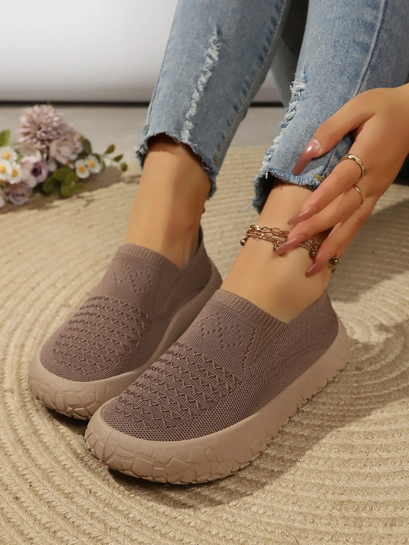 Women's Breathable Slip-On Mary Jane Shoes, Thick Sole Anti-Slip Flat Walking Shoes, Spring Multi-Color Options, Fashion PU Rubber