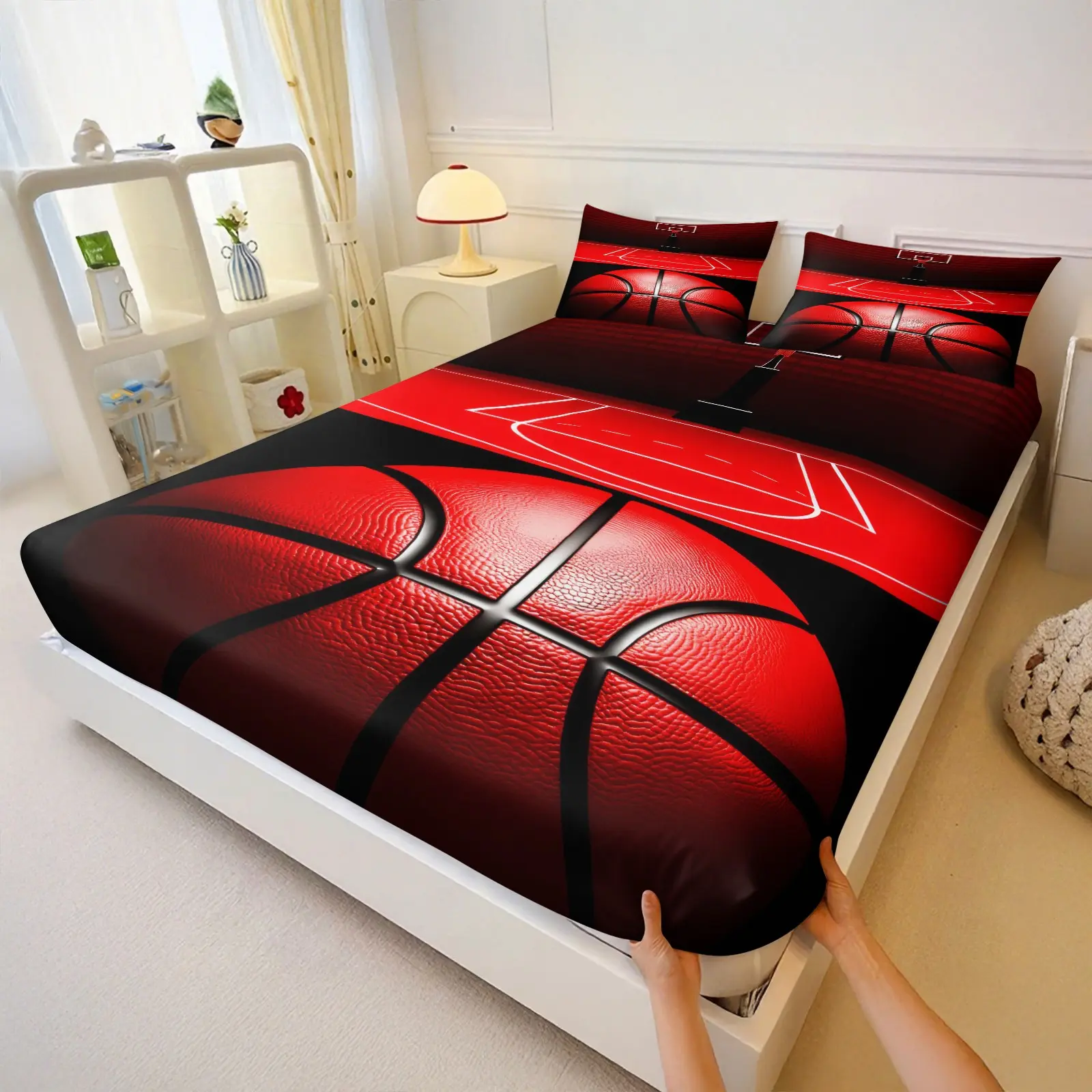 Red Basketball Court Print 3‑Piece Fitted Sheet Set, Breathable Fitted Sheet, No Filling Included, Comfortable Bedding Set, Sports Bed Linens, Gift Bedding for Basketball Hobby Lovers, Athletic Enthusiasts, Holiday Sports Guest Bedroom