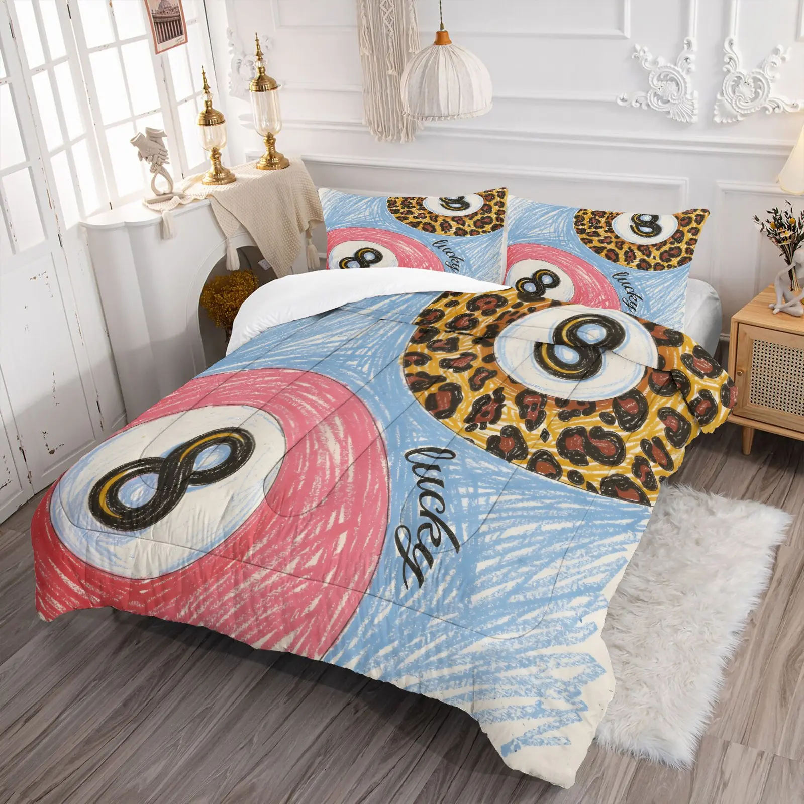 Pink Blue Chalk Graffiti Patchwork Vintage Leopard Number 8 Quilted COmforter Set, Include 1 Quilt Core and 1/2 Pillowcases, Hand Drawn Style Artistic Girls Bedroom Decor Cozy Bedding Set, Comfortable and Warm, All Seasons Use