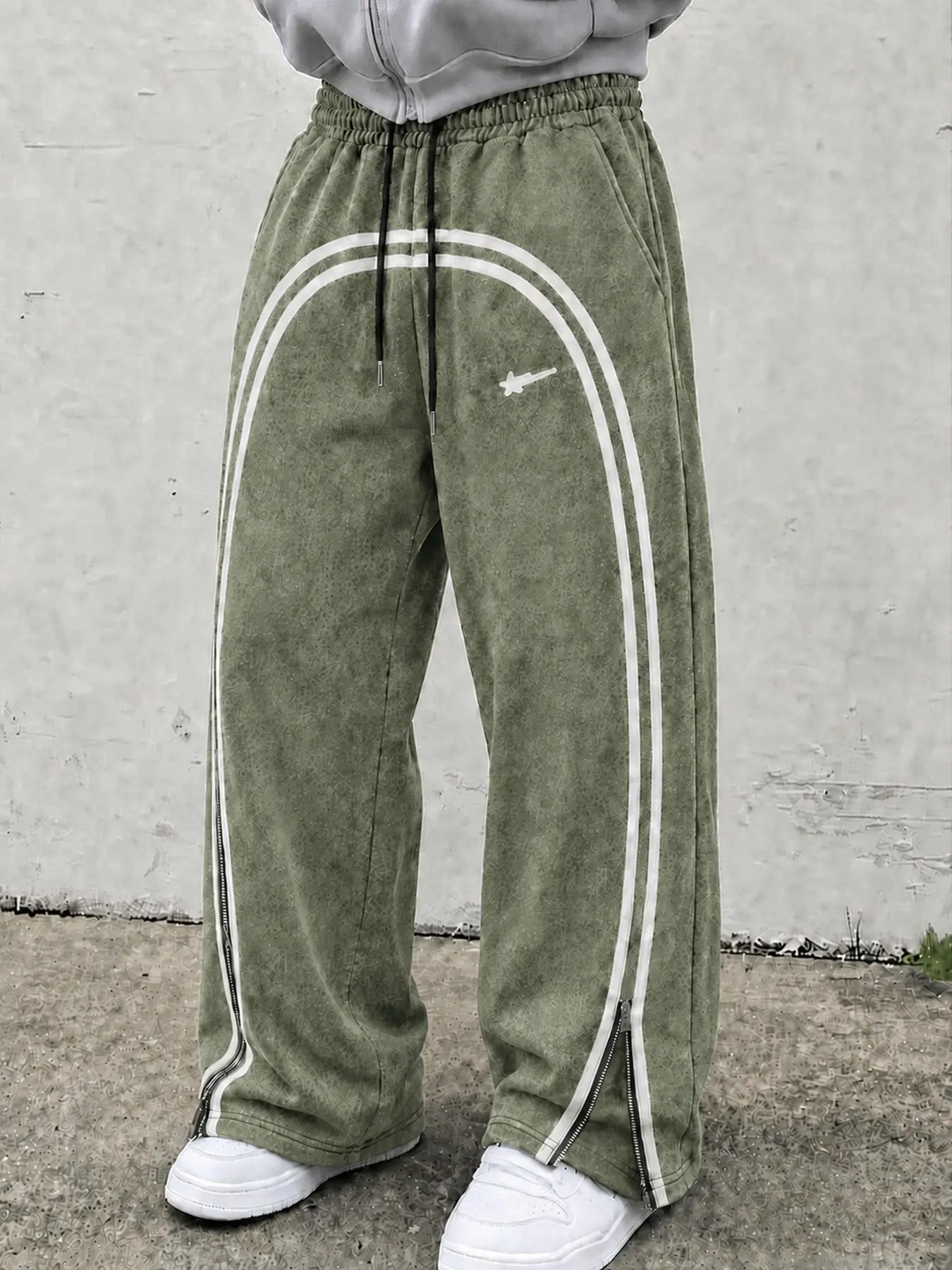 Men's Vintage Washed Cotton Wide Leg Track Pants, Stripe Drawstring Sweatpants with Ankle Zippers, Loose Casual Streetwear Trousers for Daily Wear, Athletic