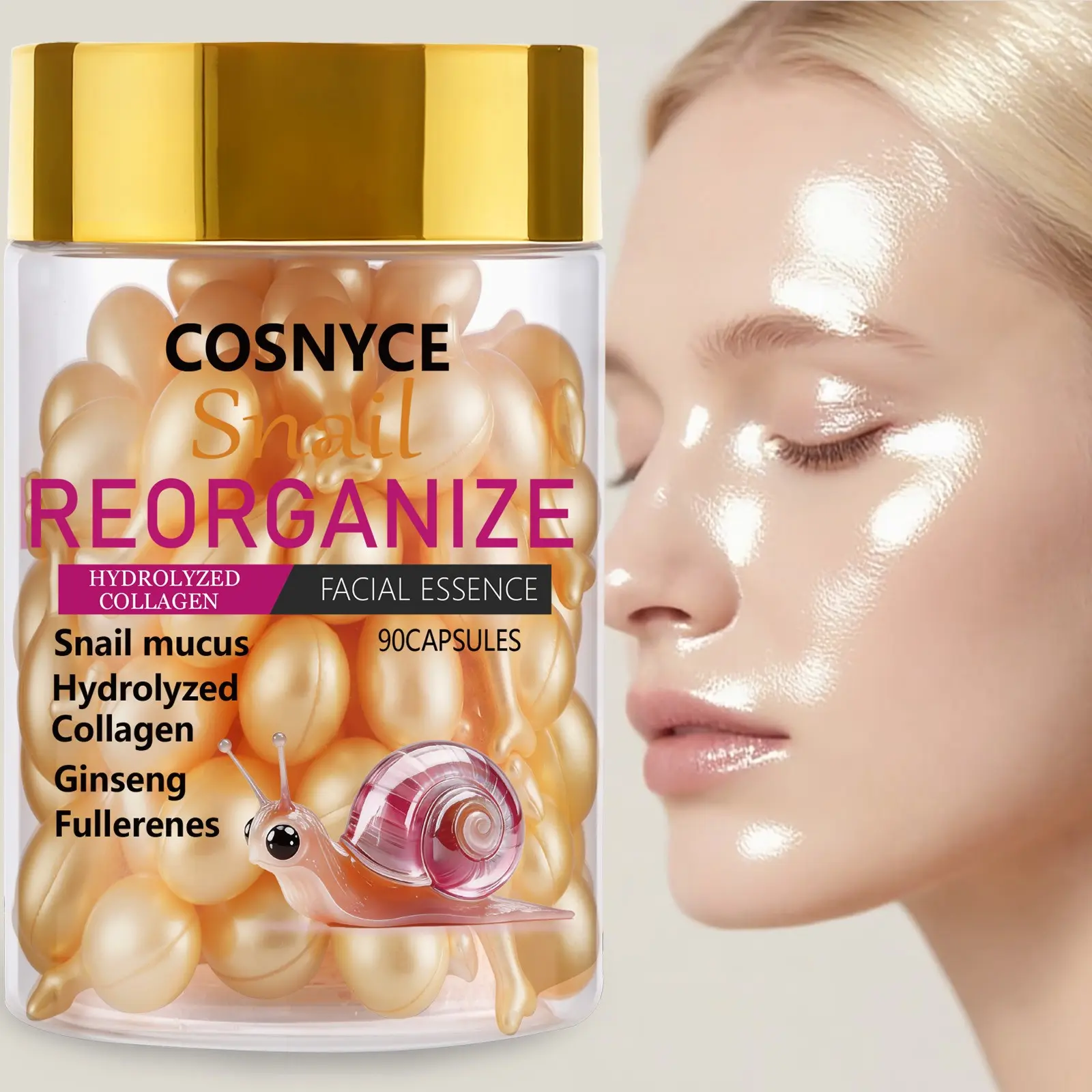 90 Count Snail Face Serum Essence Capsules with Collagen, Suitable for All Skin Types, Liquid Form, Long Shelf Life, Non-Flammable
