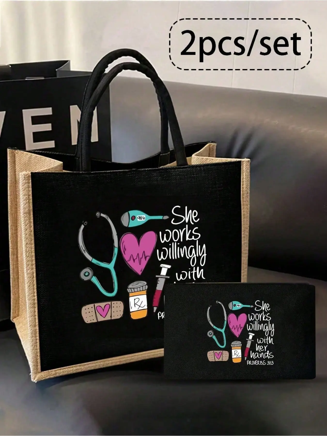 Nurse‑Themed Tote Bag & Makeup Pouch Set, Fabric Construction with Fixed Shoulder Strap, Printed with Medical Elements and Slogan