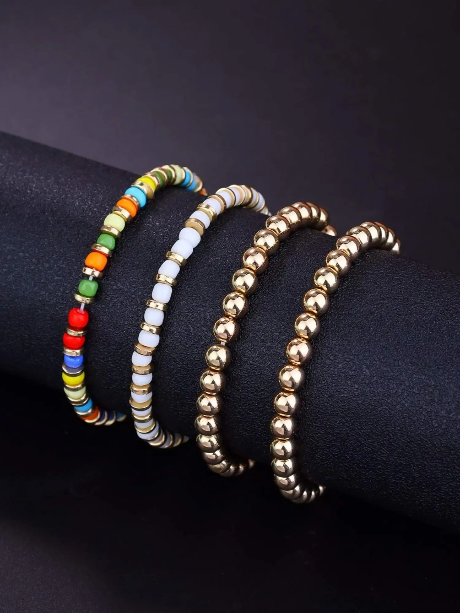 4 Pcs Golden Round Disc Seed Bead Stretchy Bracelet Combo Set Vintage Boho Stackable Flexible Copper Wrist Ornaments for Unisex Everyday Multi-Layer Collocation Boho Matte Texture for Daily Commute Beach Getaways Outdoor Art Festival Fashion Wrist Jewelry