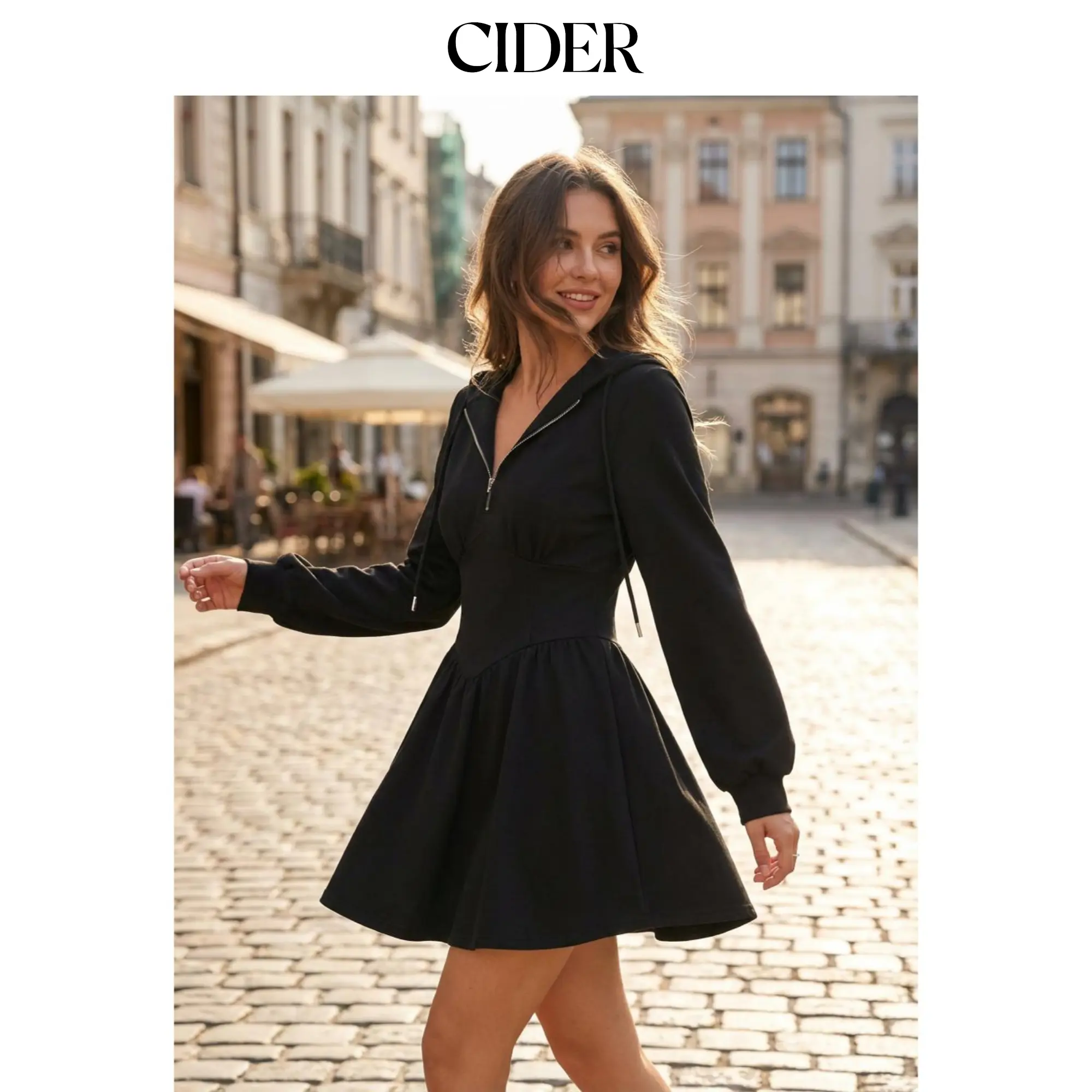 Cider Cotton-blend Hooded Lantern Sleeve Ruched Sweatshirt Mini Dress SummerFinds