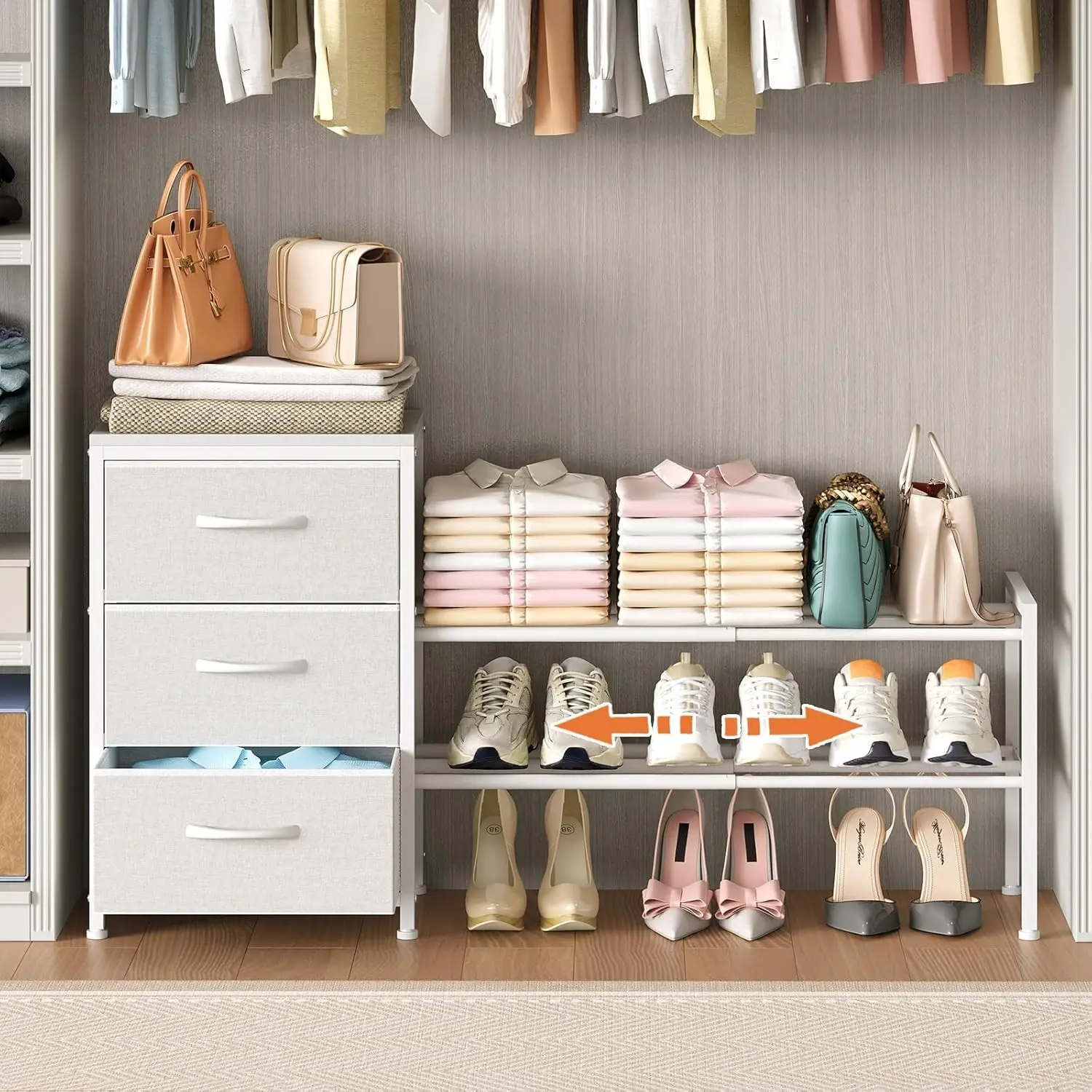 Expandable Wardrobe Organizer, Fabric Storage, 3-Drawer Vanity, Kids Clothes Rack, Wallet Key Holder, Closet Bedroom Use, Multi Functional Wardrobe