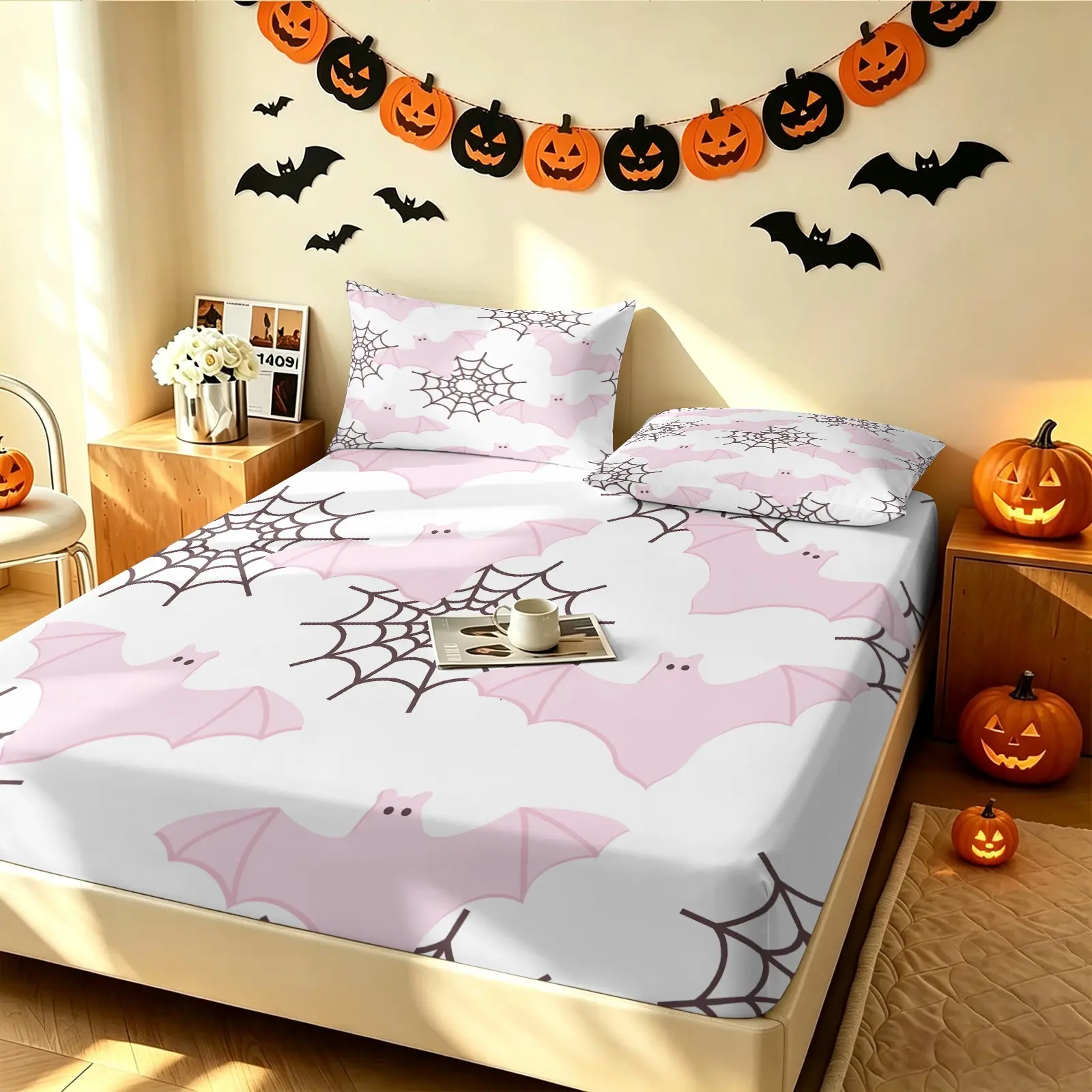 Pink Bat Spider Web Halloween Themed Print Fitted Sheet Set, 1 Fitted Sheet & 2 Pillowcase, Coquette Cute Halloween Sweet Spooky Bat Bedding Set All Size, Breathable Soft Fabric All‑Season, Girls Bedroom Decor