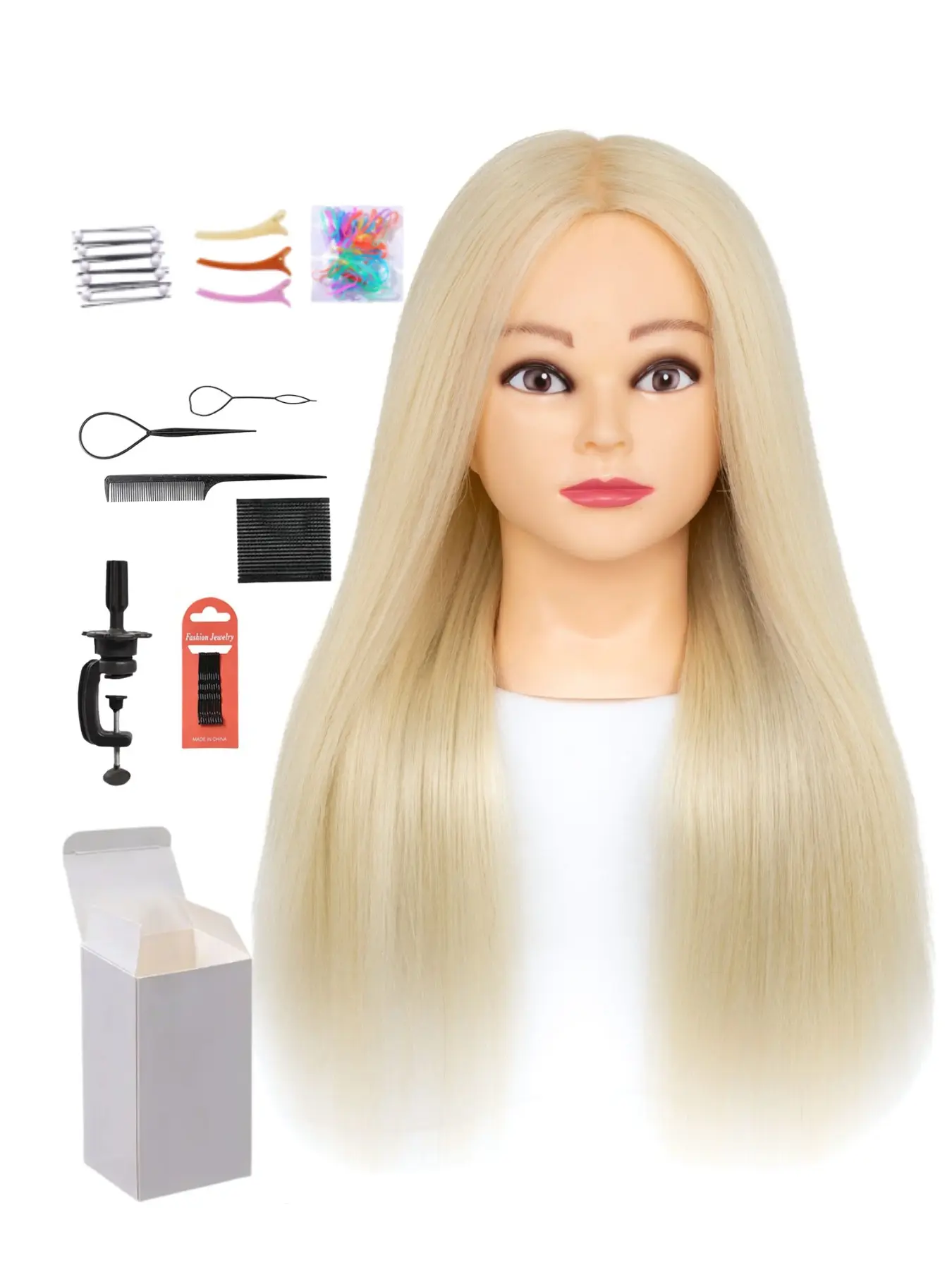 26 Inch Platinum Blonde Synthetic Hair Mannequin Head with Clamp Stand & Full Hair Styling Tools Kit. Soft straight fiber hair for braiding, cutting & styling training practice, ideal for hairdressing beginners, comes with delicate gift box.