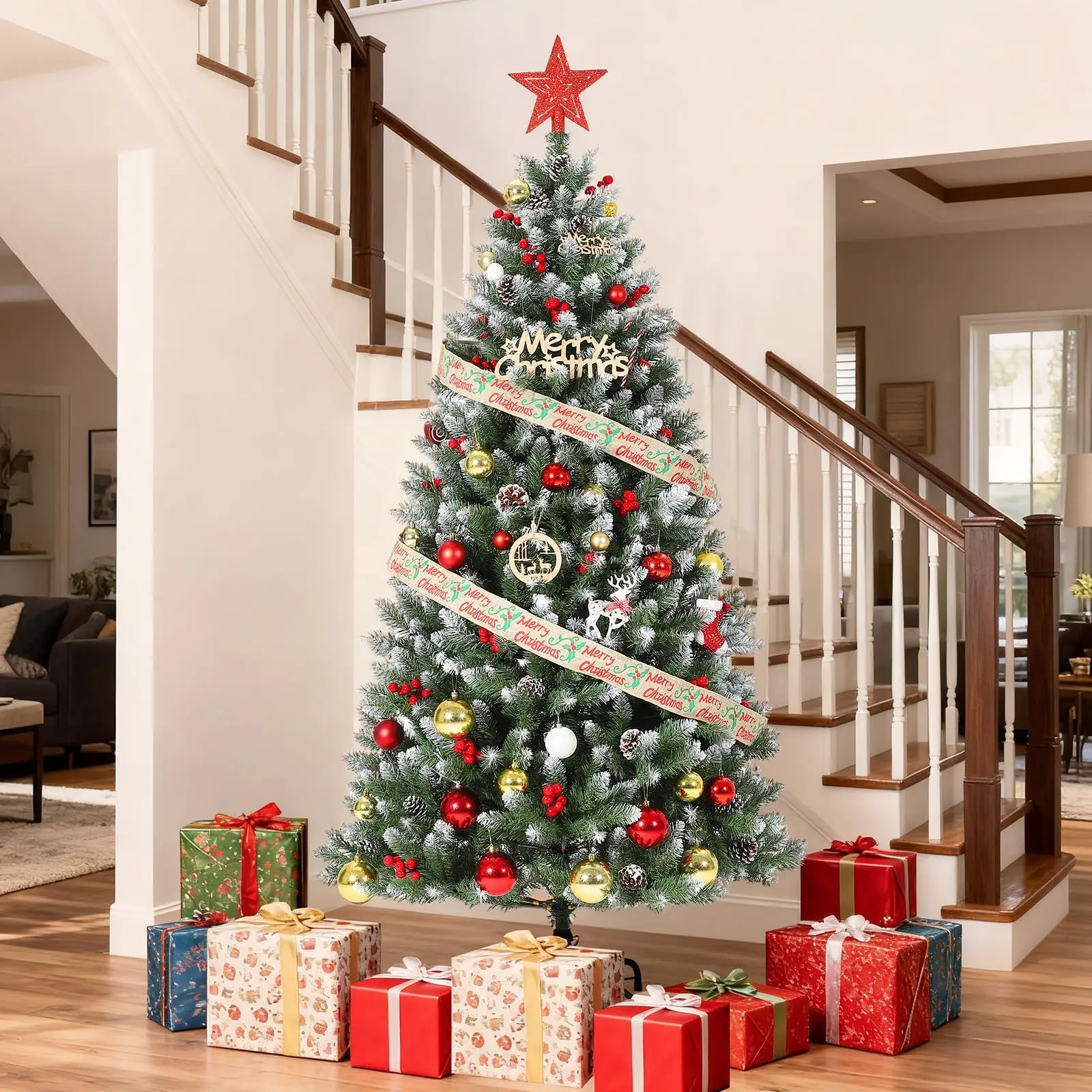 Slim Pre-Lit Artificial Christmas Tree – 6ft Pencil Style with 250 Warm LED Lights, Realistic Pine Cones & Red Berries, Metal Stand, Elegant Holiday Decor for Home & Office