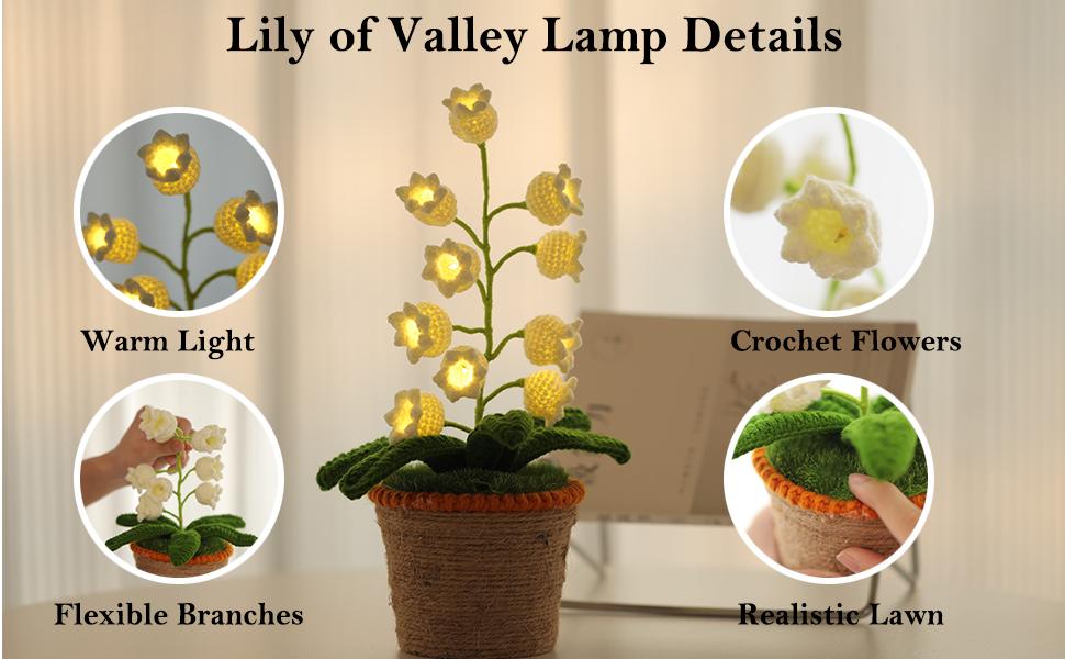 Lily of The Valley Lamp, Crochet Artificial Flowers with Night Lights, Cordless Table Lamp - Women Gift Ideas for Christmas Valentine Mother's Day, Desk Home Decorations (Pink)