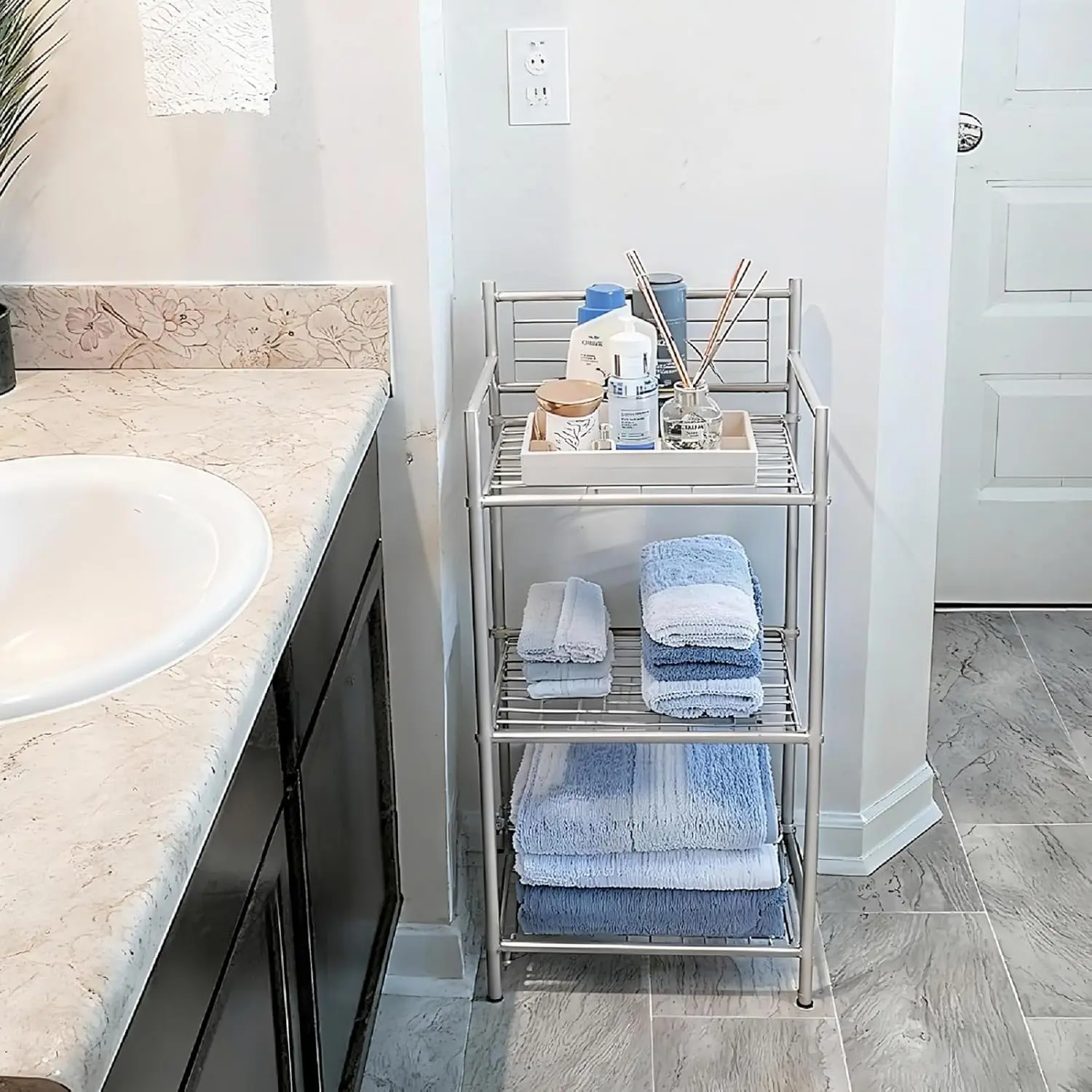 3-Tier Metal Shelving Unit, Sturdy Bathroom Storage Shelf & Free Standing Towel Rack with Adjustable , Open Floor Shelves for Small  in Bathroom, Kitchen, Office, -Gray