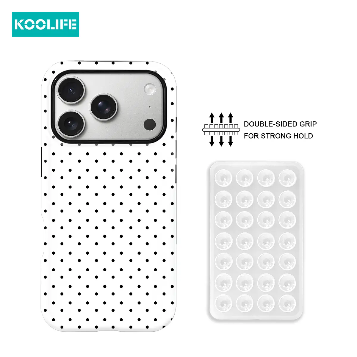 Classic Black & White Polka Dot 2-in-1 Suction Cup Phone Case, PC+TPU Glossy Hard Shell, Shockproof & Scratch-Resistant Cover for iPhone 17/17 Pro/17 Pro Max/17 Air/16/15/14/13/12/11/XR/XS Max, Minimalist Retro Style, Must-Have
