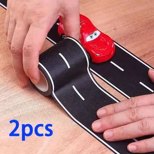 2 rolls Reusable Cartoon Road Track Stickers - Black Polyurethane Adhesive Tape for Party Racing Decor, Glitter Finish, Auto-Themed Decoration, 2 Rolls (16ft x 2in Each)