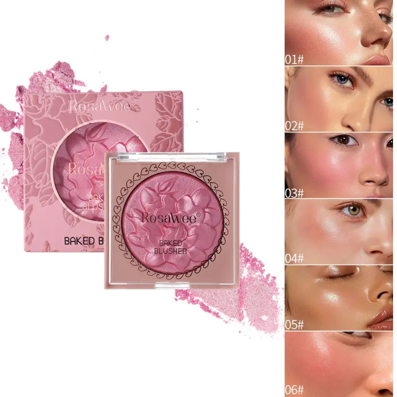 Rosawee 3D Rose Embossed Baked Blush & Highlight 2-In-1 Palette, Beauty Cosmetics, Fine Shimmer Natural Glow Multi-Use For Eye Cheek Lip, 6 Shades Fit All Skin Types Makeup