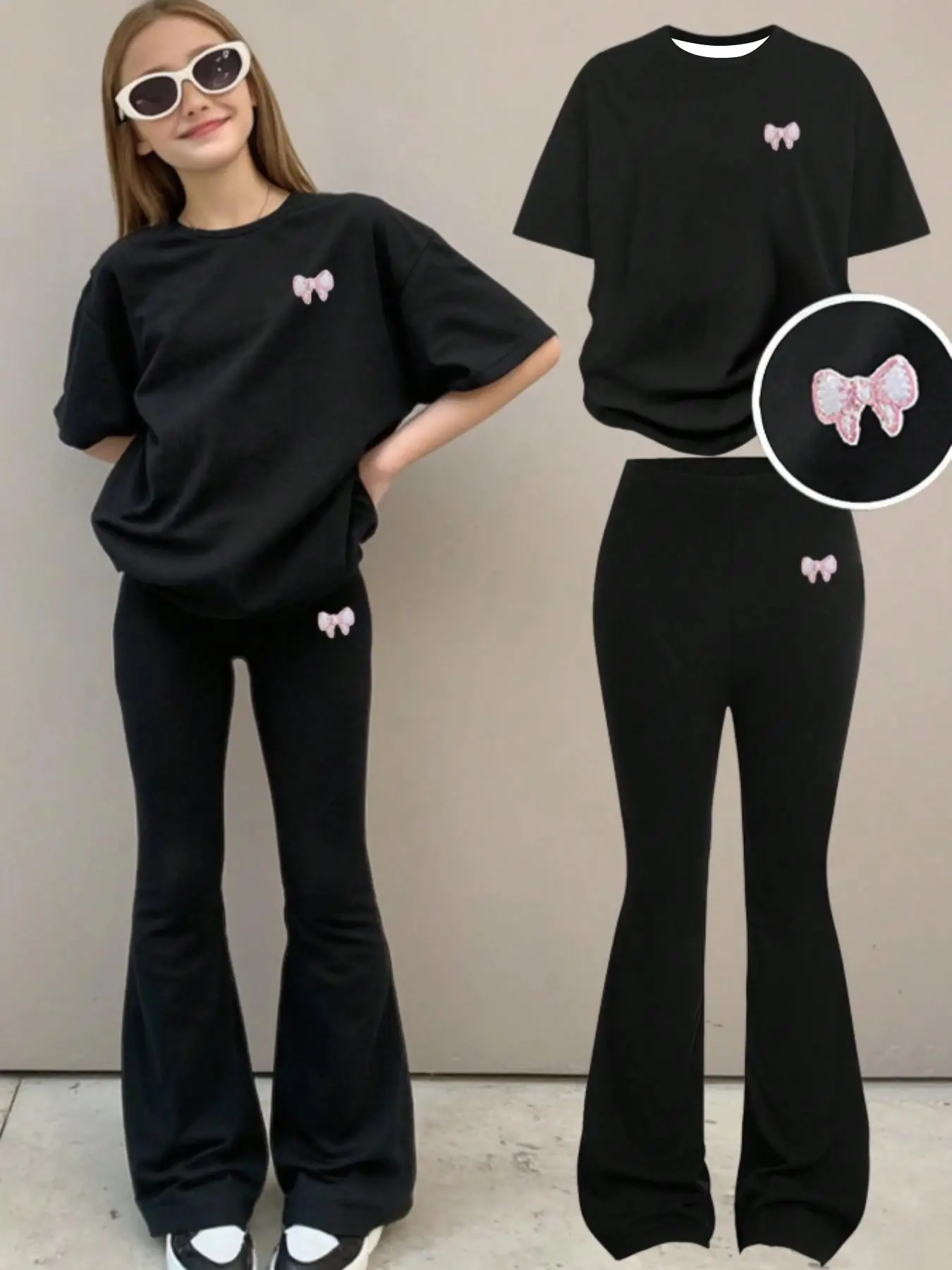 2 Piece Set Teen Girl Casual Butterfly Knot Loose Short Sleeve T-Shirt and Bell Pants, Perfect for Summer Wear, Clothes, Trouser, Fit