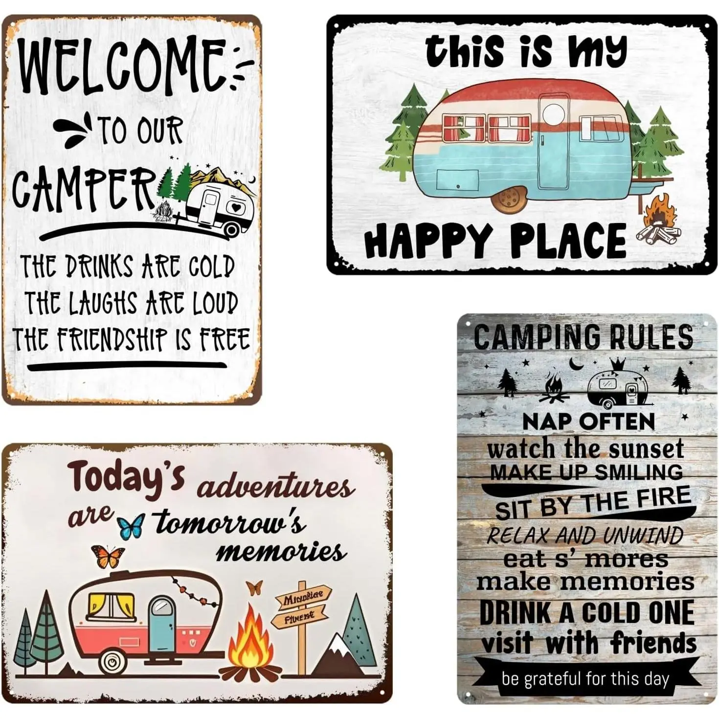 4pcs Camping Signs Decor Vintage Camping Metal Tin Signs Campers Rv Decorations Outside Camper Camping Rules Sign For Travel Trailer Wall Art Decor