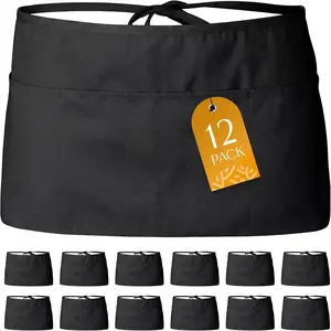 12 Pack Black Server Waist Aprons with 3 Pockets Waitress Half Apron